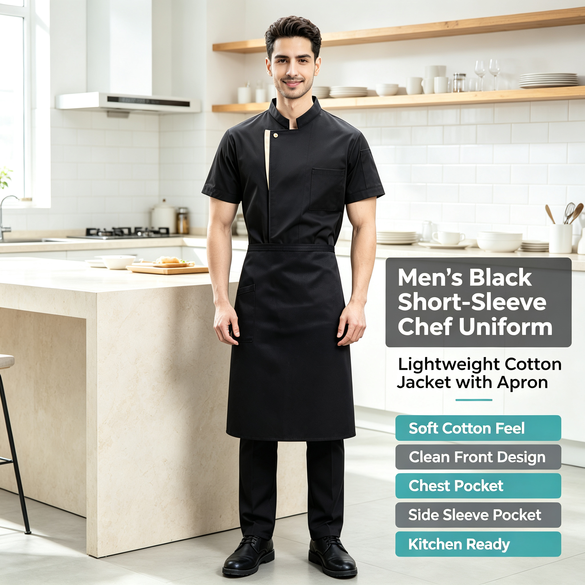 Men’s White Short-Sleeve Chef Uniform, Lightweight Cotton Jacket with Apron, Clean Front Design for Hotel Restaurant and Kitchen Staff_5