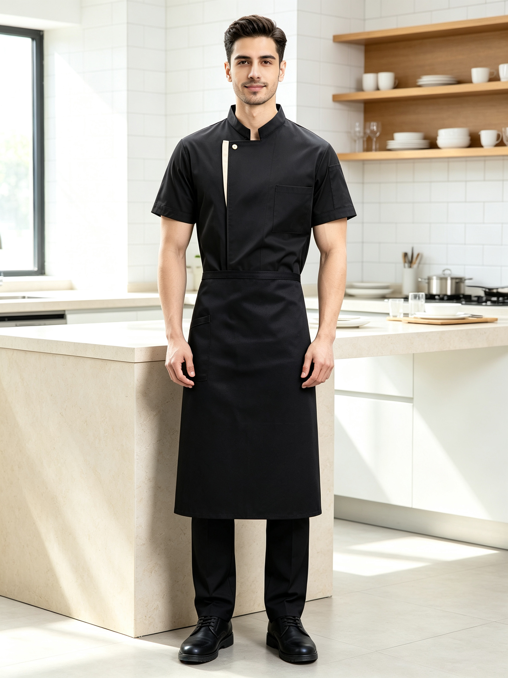 Men’s White Short-Sleeve Chef Uniform, Lightweight Cotton Jacket with Apron, Clean Front Design for Hotel Restaurant and Kitchen Staff_6