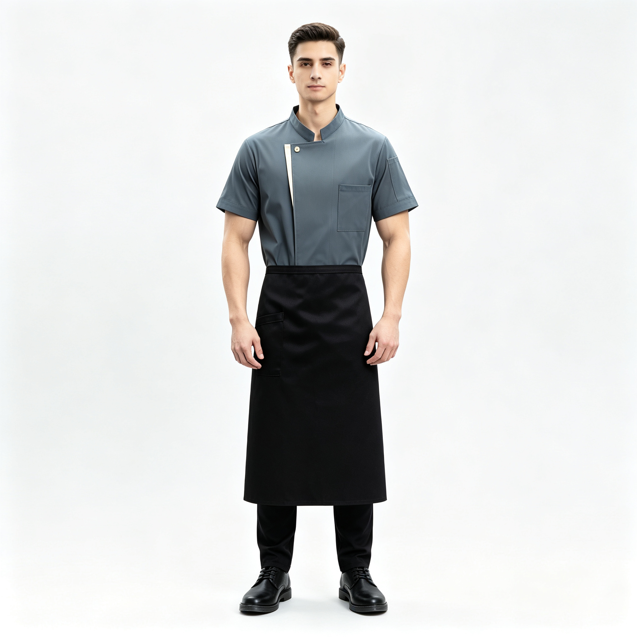 Men’s White Short-Sleeve Chef Uniform, Lightweight Cotton Jacket with Apron, Clean Front Design for Hotel Restaurant and Kitchen Staff_4