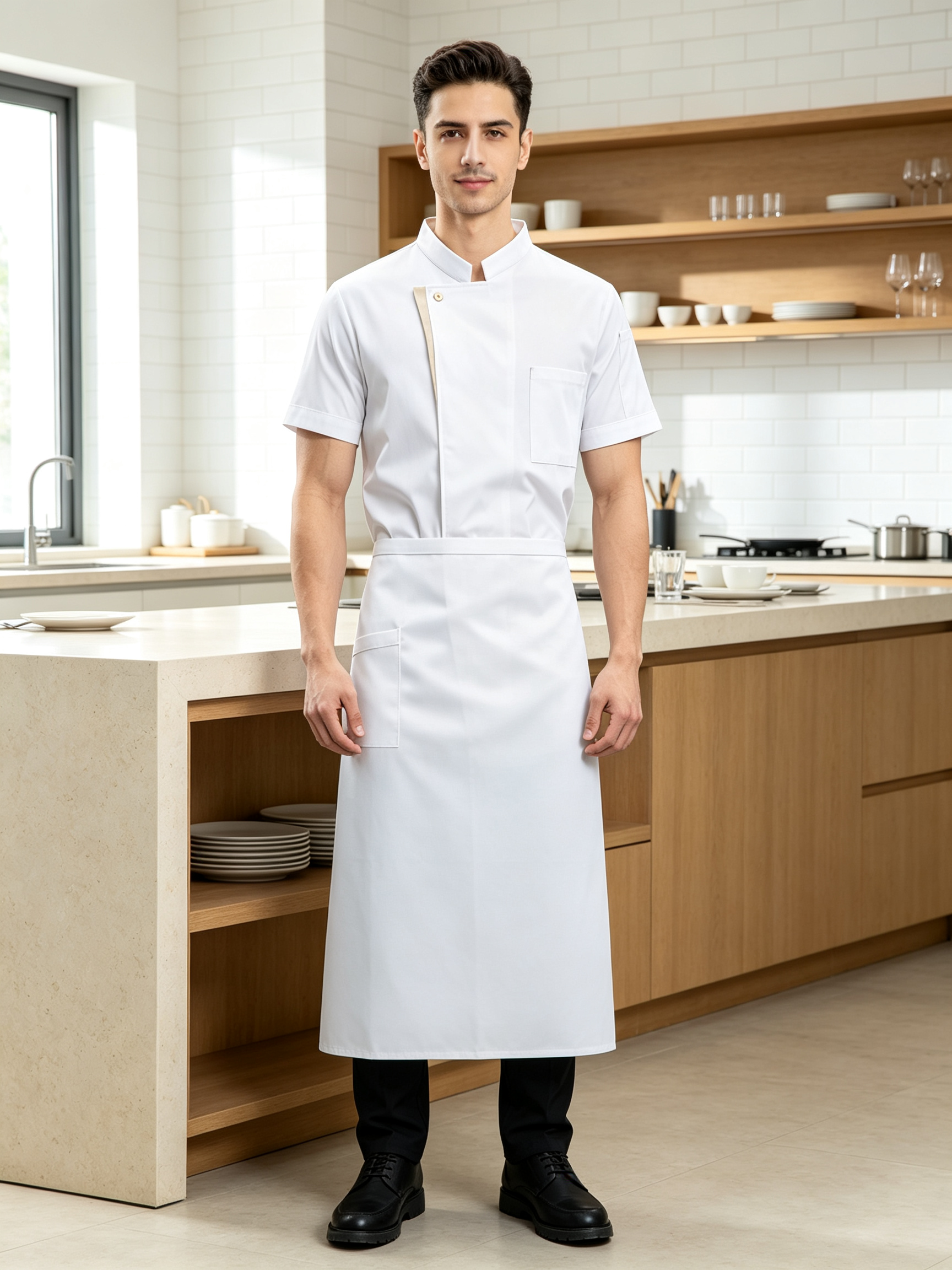 Men’s White Short-Sleeve Chef Uniform, Lightweight Cotton Jacket with Apron, Clean Front Design for Hotel Restaurant and Kitchen Staff_11
