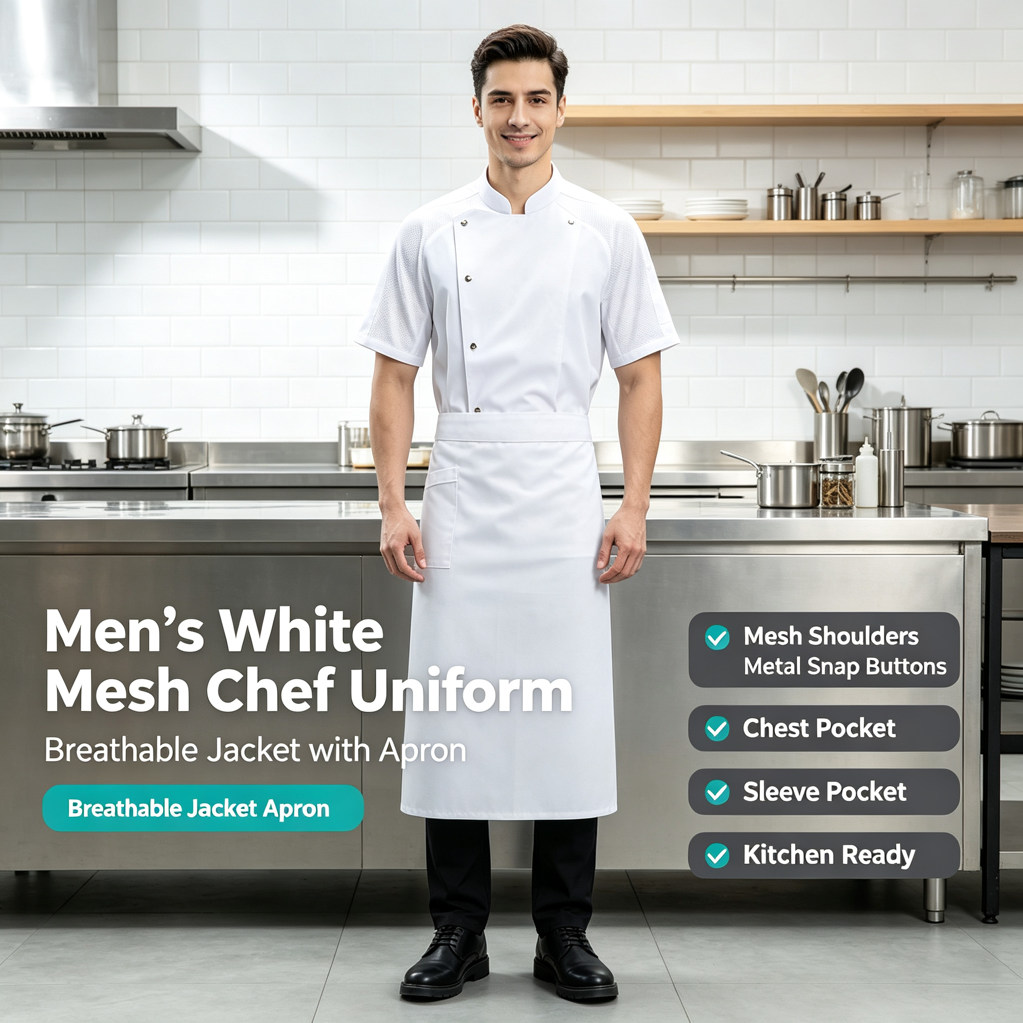 This men’s mesh breathable short-sleeve chef uniform set includes a light grey chef jacket and a matching apron, designed for high-temperature commercial kitchens, hotels, restaurants, catering services and bulk staff uniform orders. It is made of lightweight fabric with mesh breathable splicing on the shoulders and sleeves, helping improve air circulation and keep kitchen staff cool during long shifts. The chef jacket features a stand collar, diagonal metal snap buttons, chest pocket and side sleeve pocket for practical storage. The matching light grey apron provides extra coverage and helps maintain a neat professional appearance. This uniform set is suitable for chefs, kitchen staff, restaurant teams and hotel catering operations._2