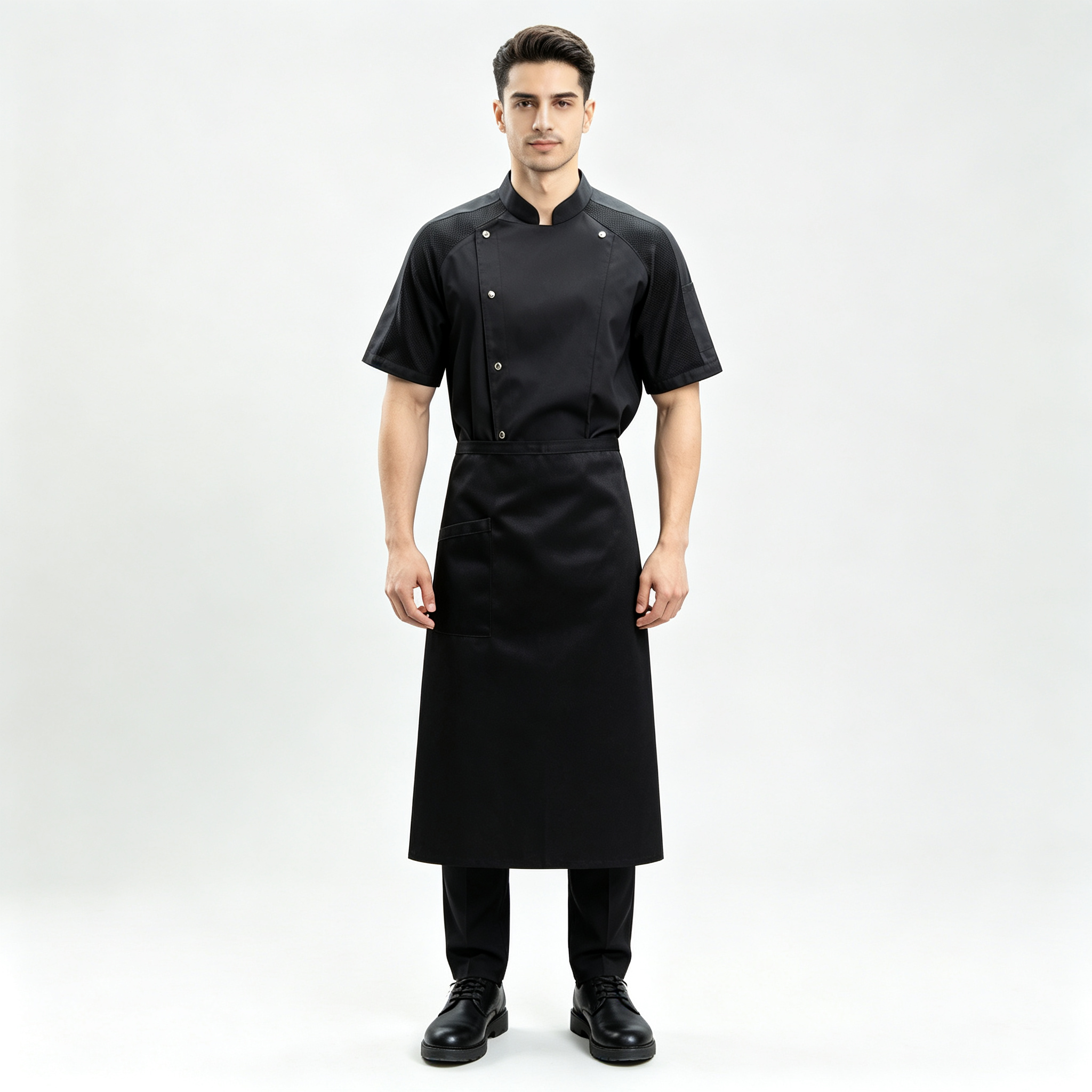 This men’s mesh breathable short-sleeve chef uniform set includes a light grey chef jacket and a matching apron, designed for high-temperature commercial kitchens, hotels, restaurants, catering services and bulk staff uniform orders. It is made of lightweight fabric with mesh breathable splicing on the shoulders and sleeves, helping improve air circulation and keep kitchen staff cool during long shifts. The chef jacket features a stand collar, diagonal metal snap buttons, chest pocket and side sleeve pocket for practical storage. The matching light grey apron provides extra coverage and helps maintain a neat professional appearance. This uniform set is suitable for chefs, kitchen staff, restaurant teams and hotel catering operations._4