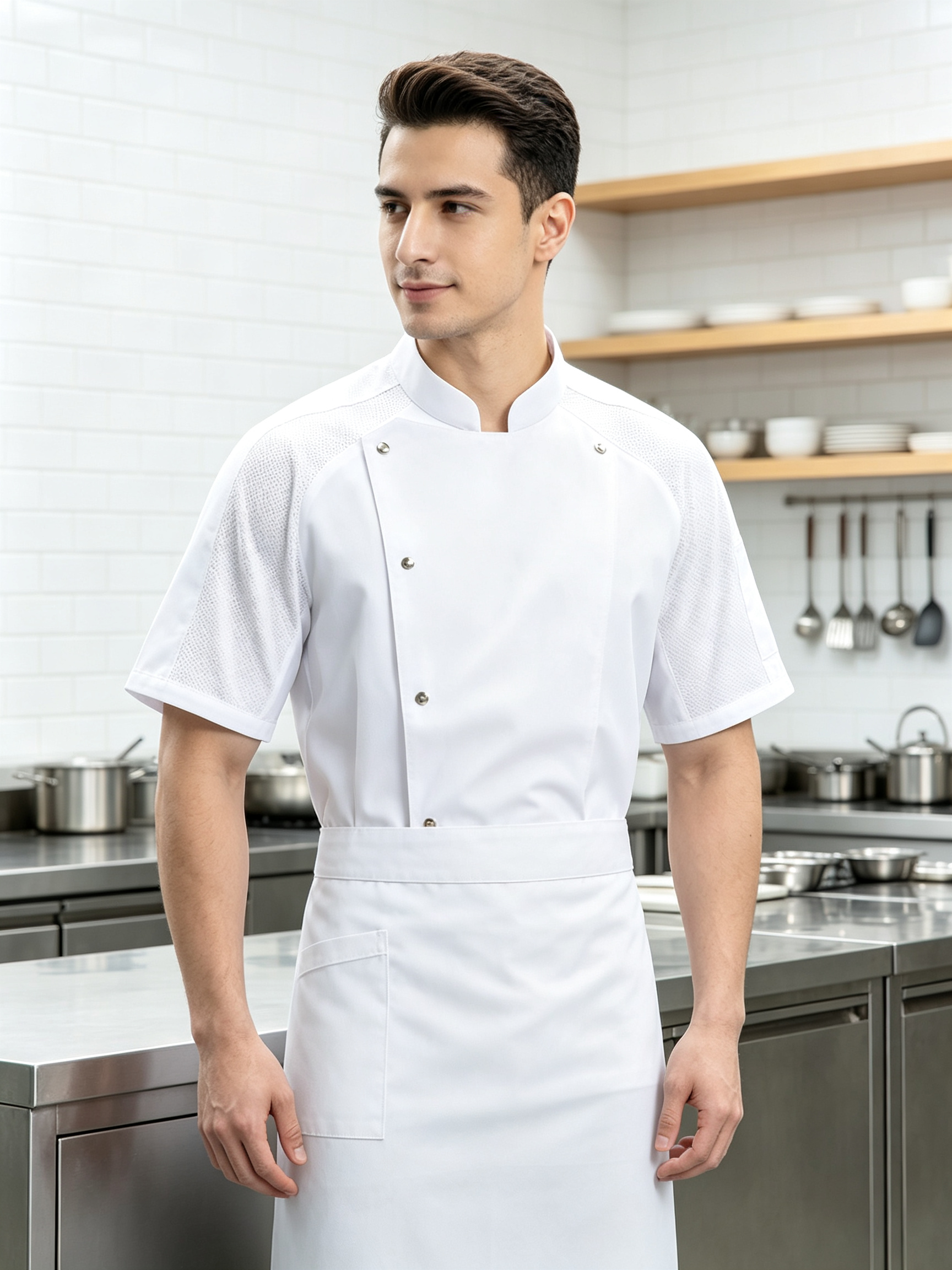 This men’s mesh breathable short-sleeve chef uniform set includes a light grey chef jacket and a matching apron, designed for high-temperature commercial kitchens, hotels, restaurants, catering services and bulk staff uniform orders. It is made of lightweight fabric with mesh breathable splicing on the shoulders and sleeves, helping improve air circulation and keep kitchen staff cool during long shifts. The chef jacket features a stand collar, diagonal metal snap buttons, chest pocket and side sleeve pocket for practical storage. The matching light grey apron provides extra coverage and helps maintain a neat professional appearance. This uniform set is suitable for chefs, kitchen staff, restaurant teams and hotel catering operations._7