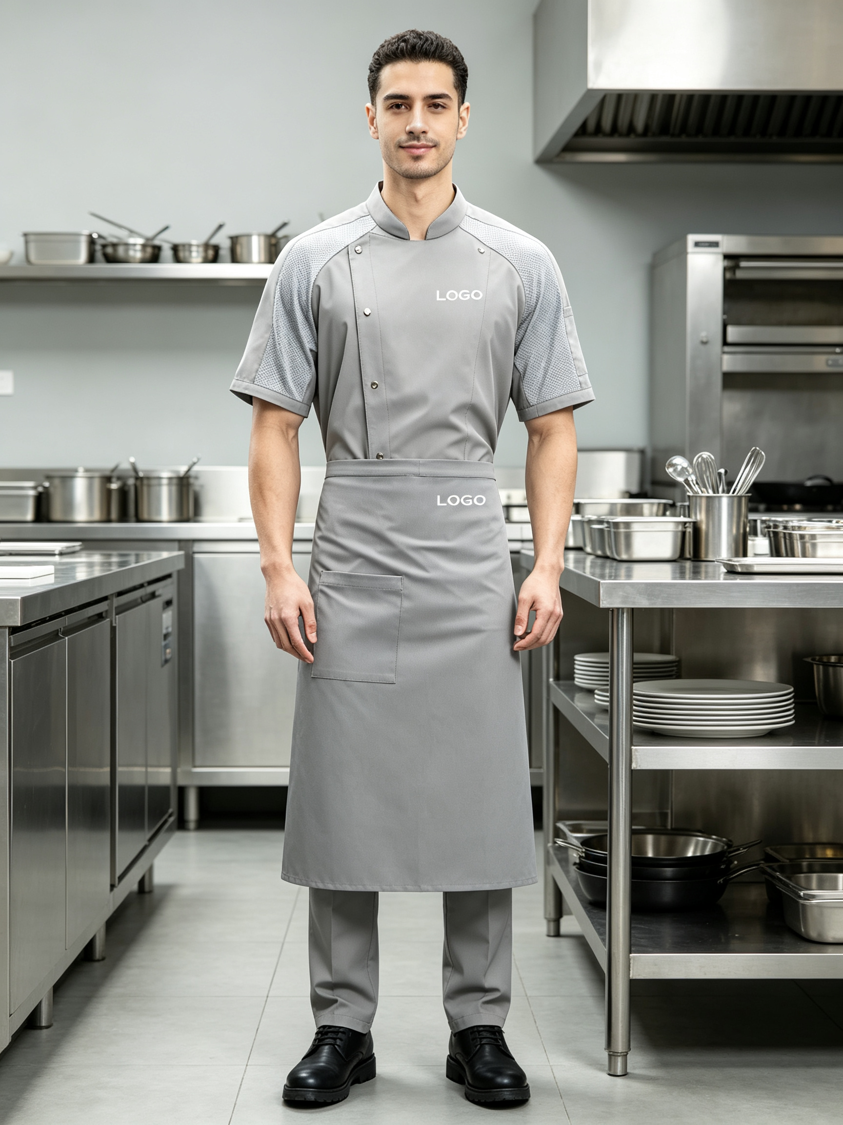 This men’s mesh breathable short-sleeve chef uniform set includes a light grey chef jacket and a matching apron, designed for high-temperature commercial kitchens, hotels, restaurants, catering services and bulk staff uniform orders. It is made of lightweight fabric with mesh breathable splicing on the shoulders and sleeves, helping improve air circulation and keep kitchen staff cool during long shifts. The chef jacket features a stand collar, diagonal metal snap buttons, chest pocket and side sleeve pocket for practical storage. The matching light grey apron provides extra coverage and helps maintain a neat professional appearance. This uniform set is suitable for chefs, kitchen staff, restaurant teams and hotel catering operations._10