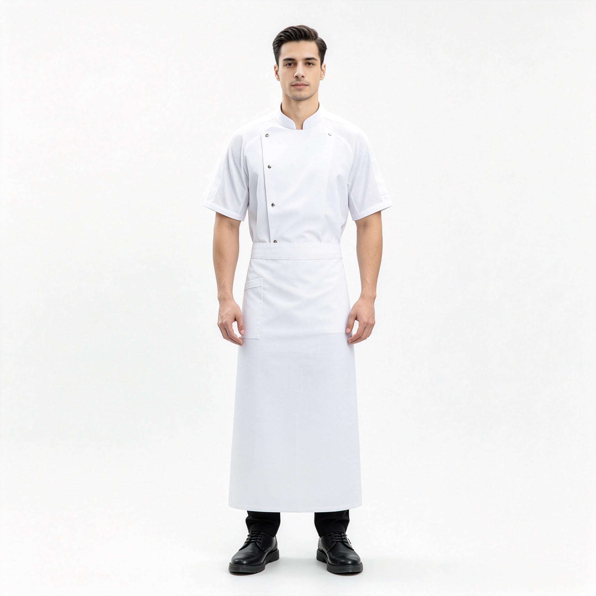 This men’s mesh breathable short-sleeve chef uniform set includes a light grey chef jacket and a matching apron, designed for high-temperature commercial kitchens, hotels, restaurants, catering services and bulk staff uniform orders. It is made of lightweight fabric with mesh breathable splicing on the shoulders and sleeves, helping improve air circulation and keep kitchen staff cool during long shifts. The chef jacket features a stand collar, diagonal metal snap buttons, chest pocket and side sleeve pocket for practical storage. The matching light grey apron provides extra coverage and helps maintain a neat professional appearance. This uniform set is suitable for chefs, kitchen staff, restaurant teams and hotel catering operations._8