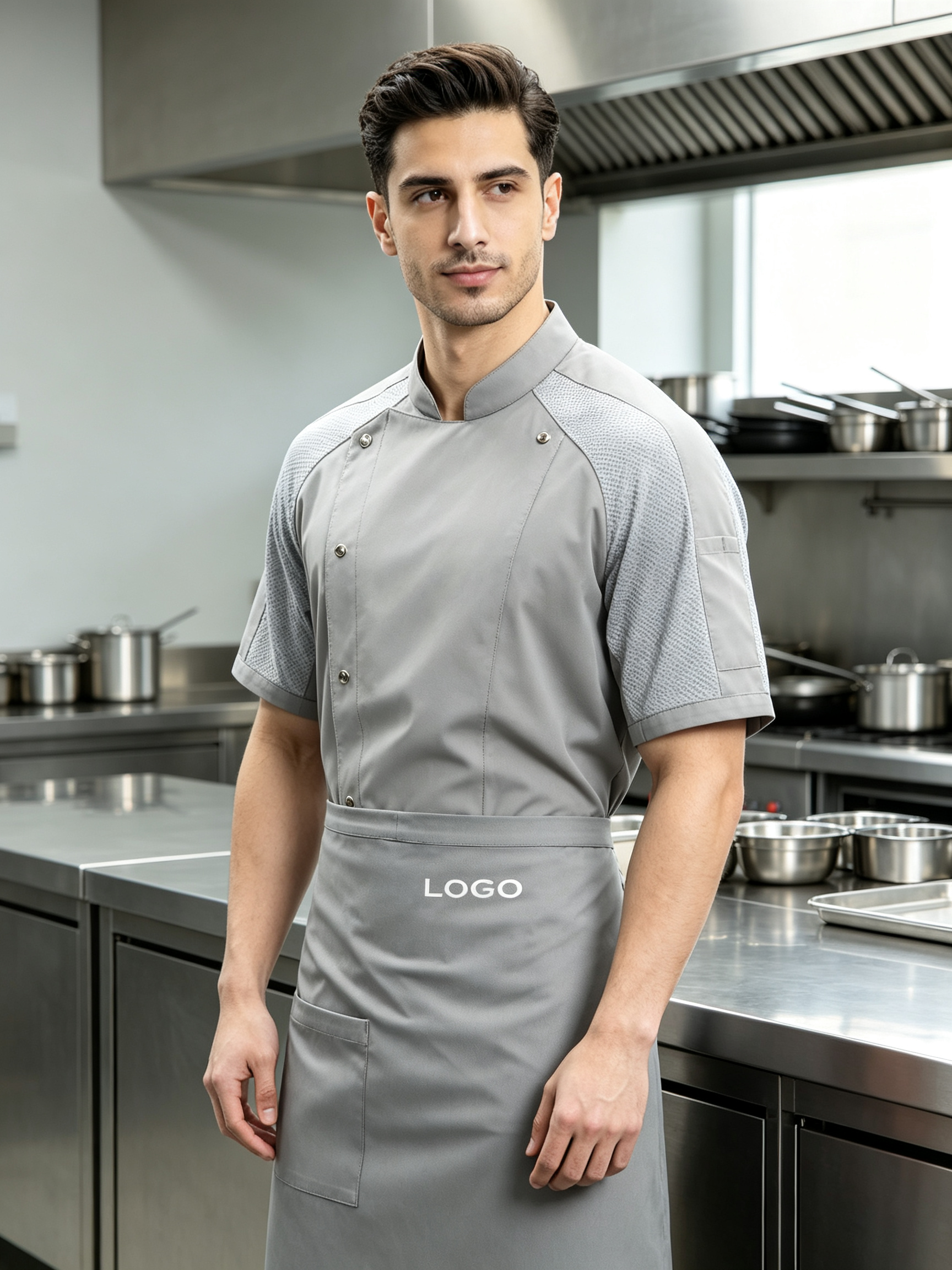 This men’s mesh breathable short-sleeve chef uniform set includes a light grey chef jacket and a matching apron, designed for high-temperature commercial kitchens, hotels, restaurants, catering services and bulk staff uniform orders. It is made of lightweight fabric with mesh breathable splicing on the shoulders and sleeves, helping improve air circulation and keep kitchen staff cool during long shifts. The chef jacket features a stand collar, diagonal metal snap buttons, chest pocket and side sleeve pocket for practical storage. The matching light grey apron provides extra coverage and helps maintain a neat professional appearance. This uniform set is suitable for chefs, kitchen staff, restaurant teams and hotel catering operations._11