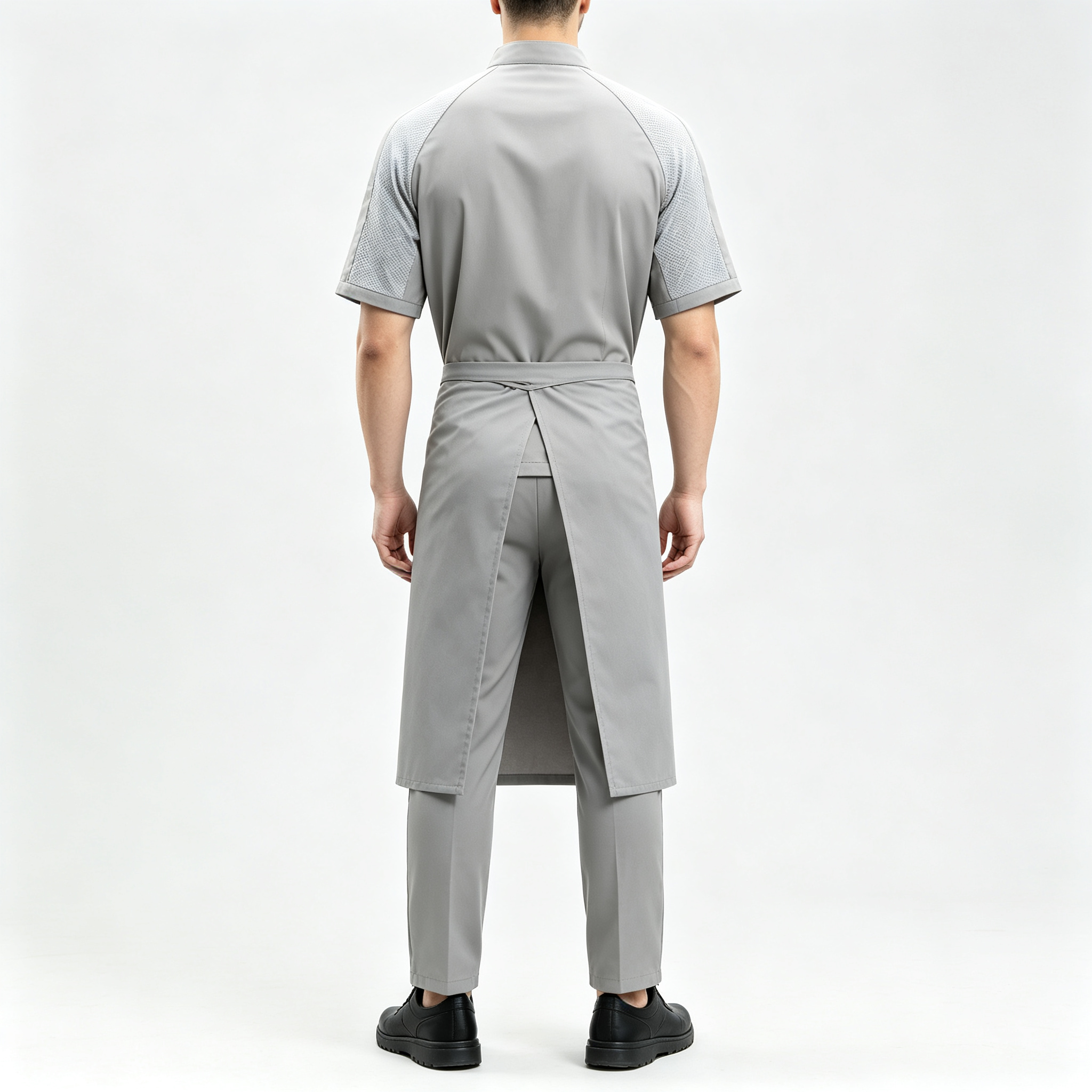 This men’s mesh breathable short-sleeve chef uniform set includes a light grey chef jacket and a matching apron, designed for high-temperature commercial kitchens, hotels, restaurants, catering services and bulk staff uniform orders. It is made of lightweight fabric with mesh breathable splicing on the shoulders and sleeves, helping improve air circulation and keep kitchen staff cool during long shifts. The chef jacket features a stand collar, diagonal metal snap buttons, chest pocket and side sleeve pocket for practical storage. The matching light grey apron provides extra coverage and helps maintain a neat professional appearance. This uniform set is suitable for chefs, kitchen staff, restaurant teams and hotel catering operations._12