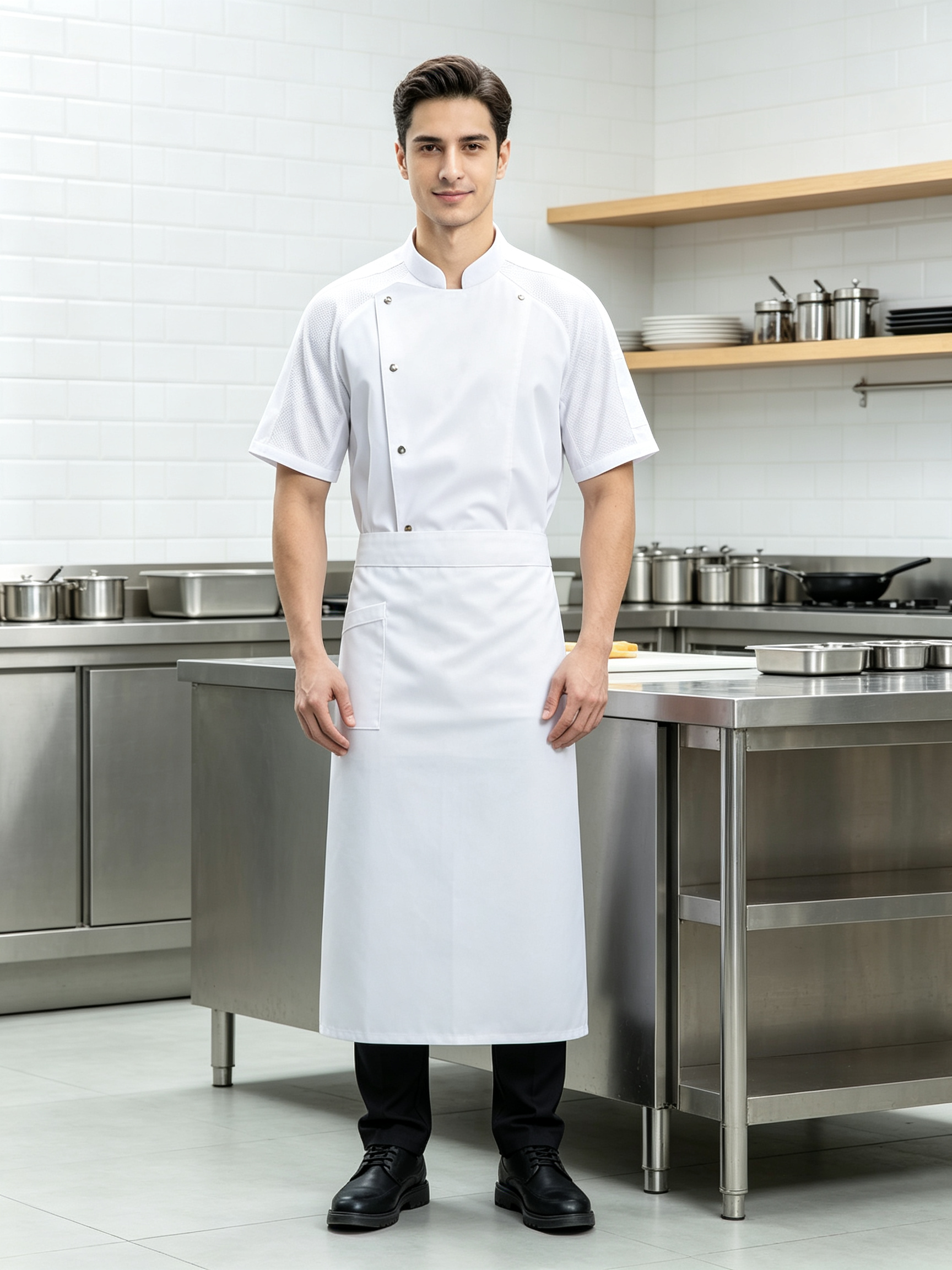 This men’s mesh breathable short-sleeve chef uniform set includes a light grey chef jacket and a matching apron, designed for high-temperature commercial kitchens, hotels, restaurants, catering services and bulk staff uniform orders. It is made of lightweight fabric with mesh breathable splicing on the shoulders and sleeves, helping improve air circulation and keep kitchen staff cool during long shifts. The chef jacket features a stand collar, diagonal metal snap buttons, chest pocket and side sleeve pocket for practical storage. The matching light grey apron provides extra coverage and helps maintain a neat professional appearance. This uniform set is suitable for chefs, kitchen staff, restaurant teams and hotel catering operations._6