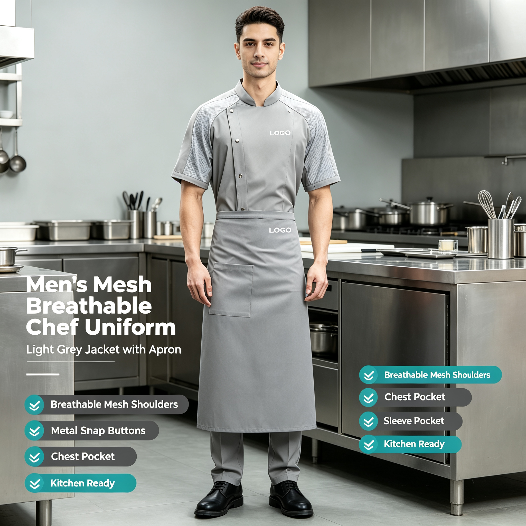 This men’s mesh breathable short-sleeve chef uniform set includes a light grey chef jacket and a matching apron, designed for high-temperature commercial kitchens, hotels, restaurants, catering services and bulk staff uniform orders. It is made of lightweight fabric with mesh breathable splicing on the shoulders and sleeves, helping improve air circulation and keep kitchen staff cool during long shifts. The chef jacket features a stand collar, diagonal metal snap buttons, chest pocket and side sleeve pocket for practical storage. The matching light grey apron provides extra coverage and helps maintain a neat professional appearance. This uniform set is suitable for chefs, kitchen staff, restaurant teams and hotel catering operations._9