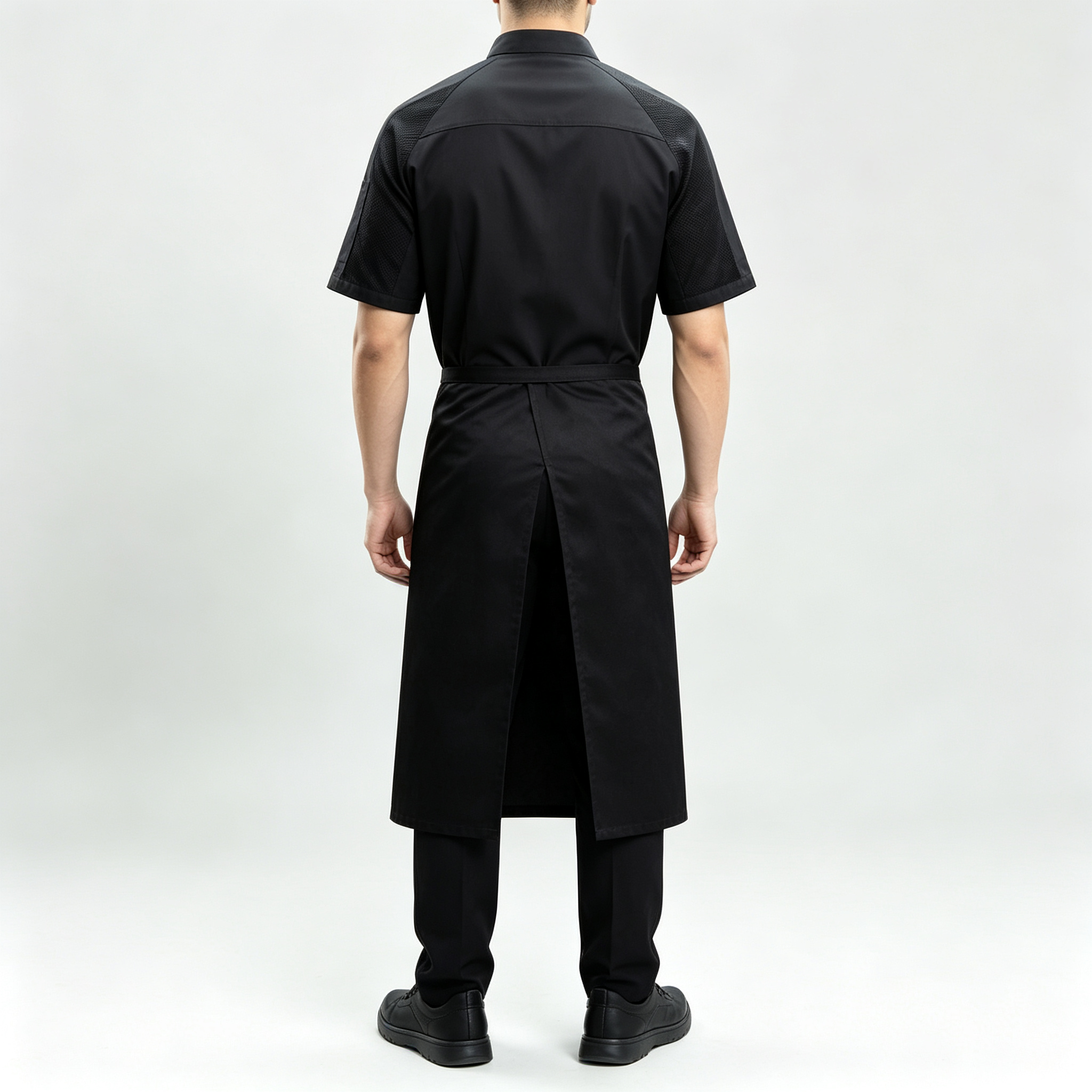 This men’s mesh breathable short-sleeve chef uniform set includes a light grey chef jacket and a matching apron, designed for high-temperature commercial kitchens, hotels, restaurants, catering services and bulk staff uniform orders. It is made of lightweight fabric with mesh breathable splicing on the shoulders and sleeves, helping improve air circulation and keep kitchen staff cool during long shifts. The chef jacket features a stand collar, diagonal metal snap buttons, chest pocket and side sleeve pocket for practical storage. The matching light grey apron provides extra coverage and helps maintain a neat professional appearance. This uniform set is suitable for chefs, kitchen staff, restaurant teams and hotel catering operations._3