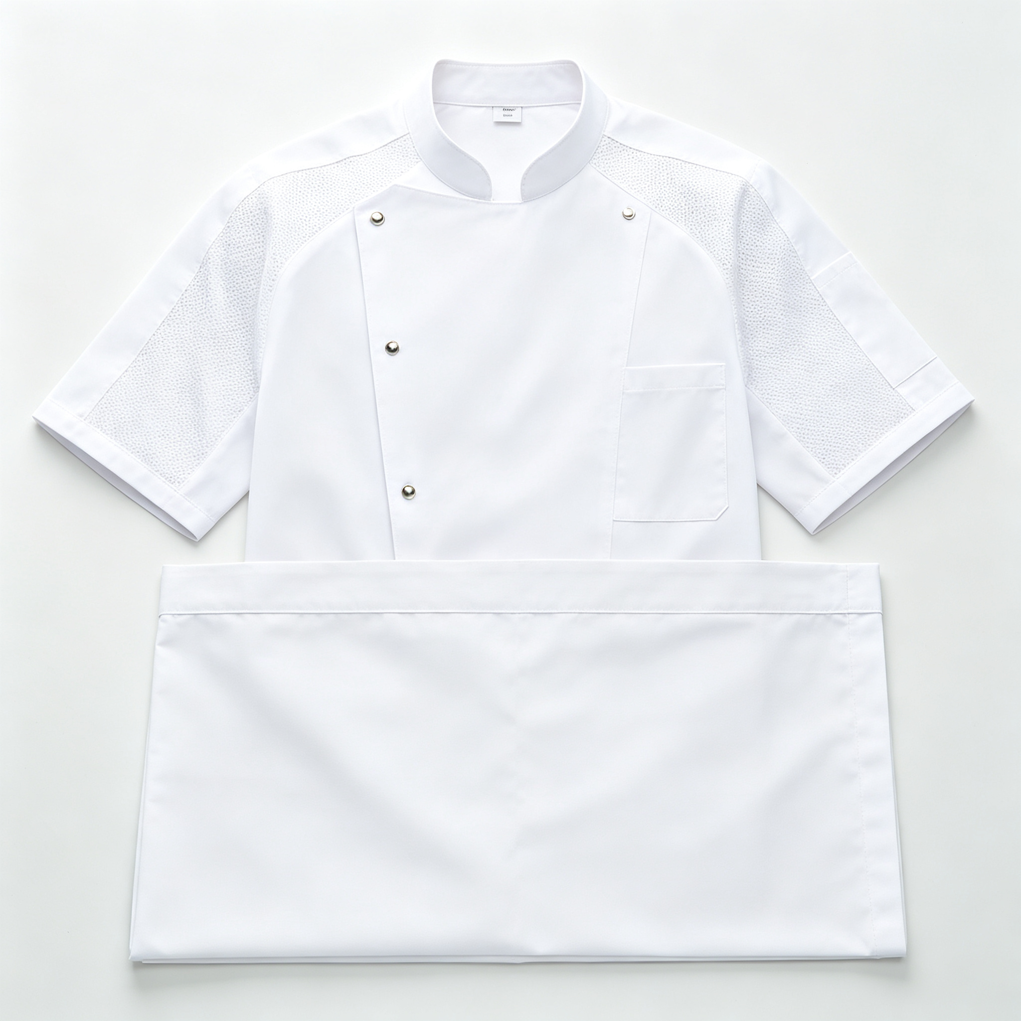 This men’s mesh breathable short-sleeve chef uniform set includes a light grey chef jacket and a matching apron, designed for high-temperature commercial kitchens, hotels, restaurants, catering services and bulk staff uniform orders. It is made of lightweight fabric with mesh breathable splicing on the shoulders and sleeves, helping improve air circulation and keep kitchen staff cool during long shifts. The chef jacket features a stand collar, diagonal metal snap buttons, chest pocket and side sleeve pocket for practical storage. The matching light grey apron provides extra coverage and helps maintain a neat professional appearance. This uniform set is suitable for chefs, kitchen staff, restaurant teams and hotel catering operations._5