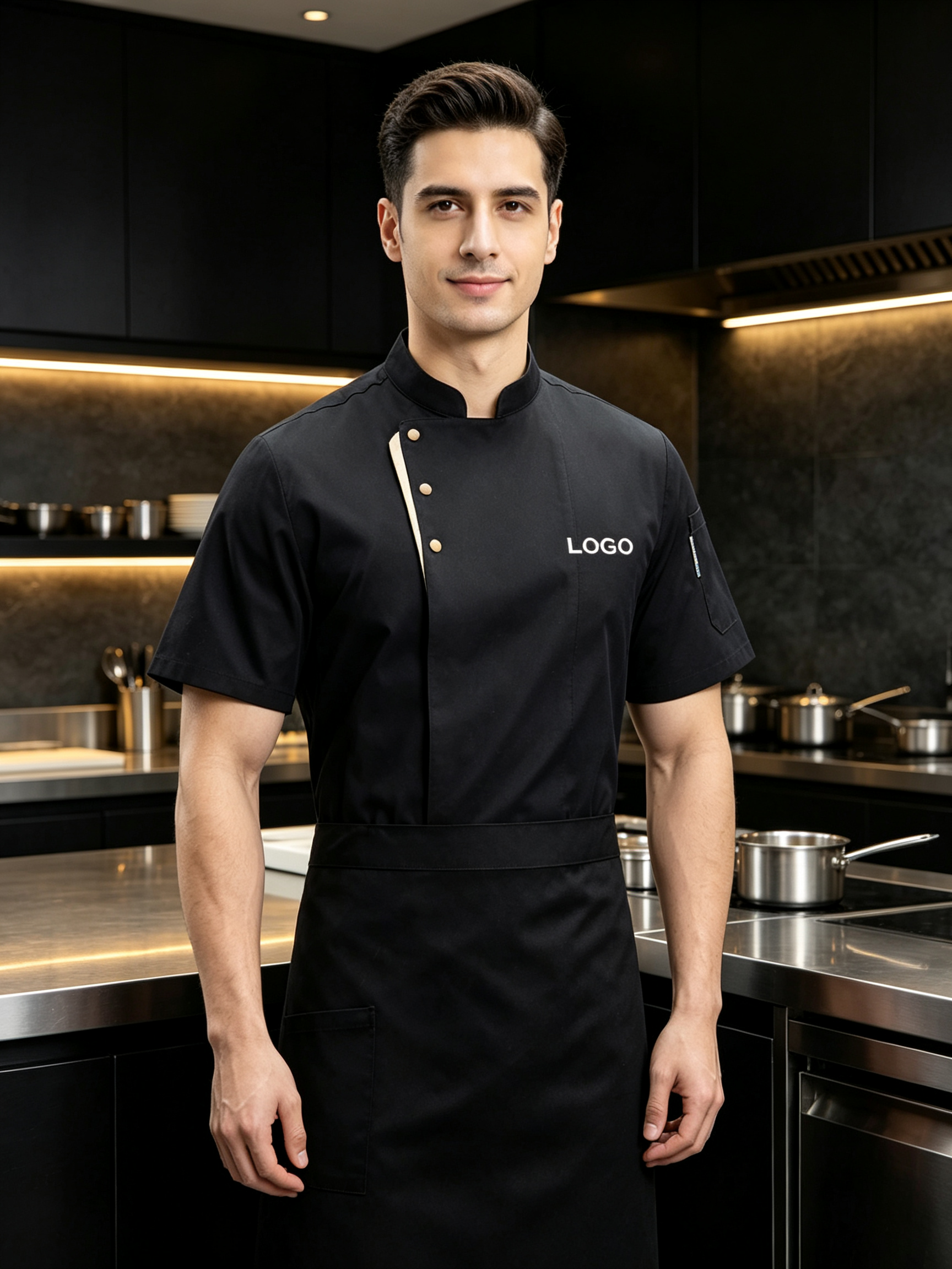 This men’s white short-sleeve chef uniform set includes a clean front chef jacket and a matching white apron, designed for hotels, restaurants, bakeries, catering services and professional kitchen staff. It is made of lightweight cotton fabric, offering a neat, comfortable and fresh appearance for daily kitchen and food service environments. The chef jacket features a stand collar, slanted front placket with beige trim, round light-colored buttons, left chest pocket and right sleeve pocket for practical storage. The matching white apron provides extra coverage and helps keep the uniform clean during food preparation, plating and customer service._7