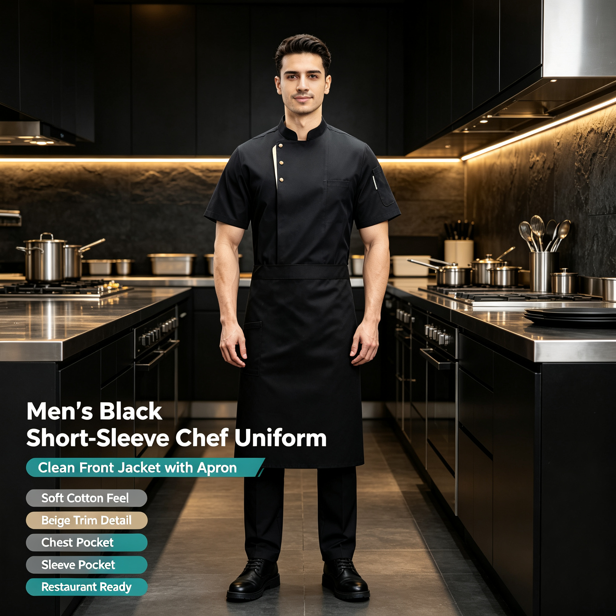 This men’s white short-sleeve chef uniform set includes a clean front chef jacket and a matching white apron, designed for hotels, restaurants, bakeries, catering services and professional kitchen staff. It is made of lightweight cotton fabric, offering a neat, comfortable and fresh appearance for daily kitchen and food service environments. The chef jacket features a stand collar, slanted front placket with beige trim, round light-colored buttons, left chest pocket and right sleeve pocket for practical storage. The matching white apron provides extra coverage and helps keep the uniform clean during food preparation, plating and customer service._4