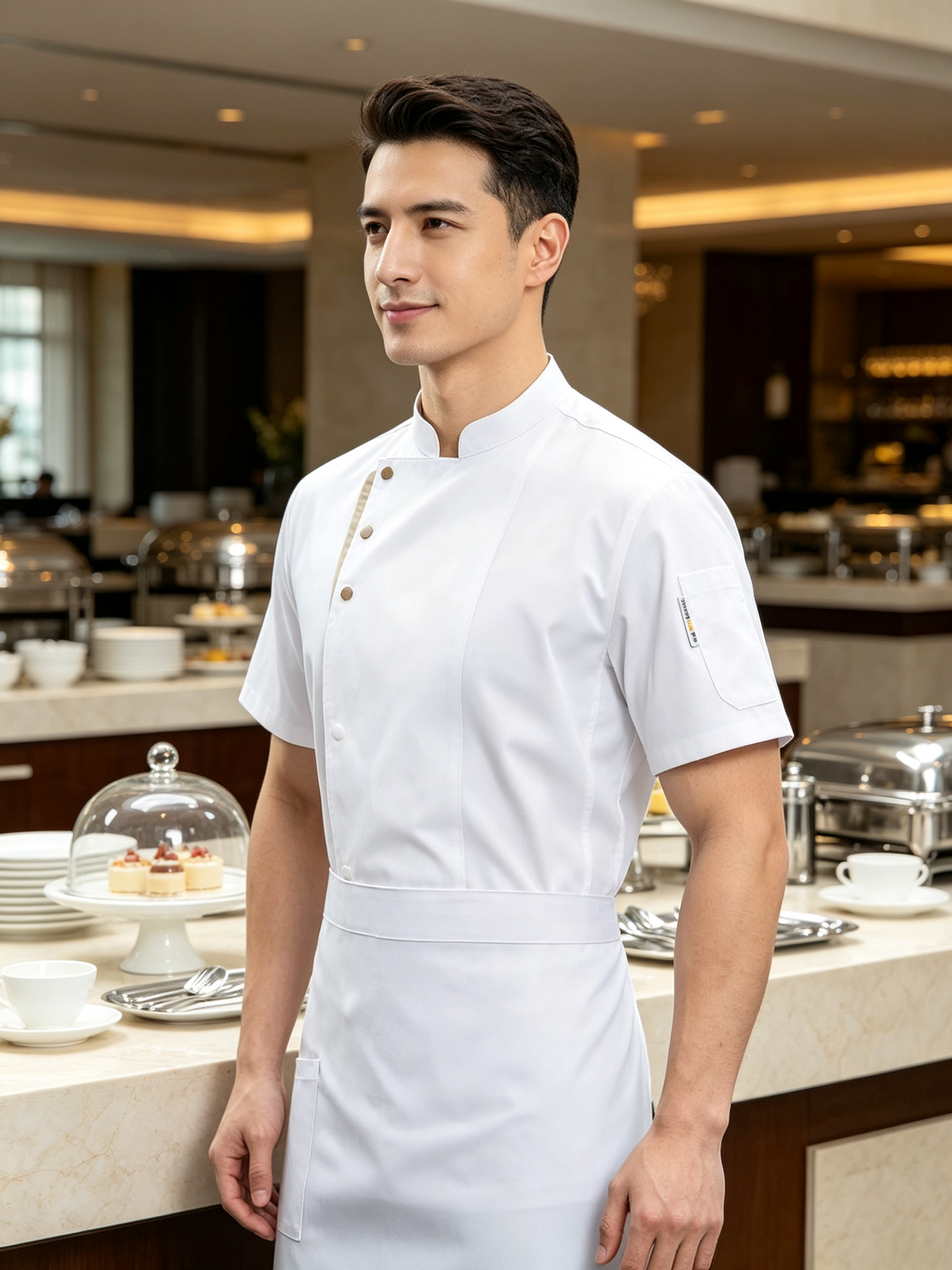 This men’s white short-sleeve chef uniform set includes a clean front chef jacket and a matching white apron, designed for hotels, restaurants, bakeries, catering services and professional kitchen staff. It is made of lightweight cotton fabric, offering a neat, comfortable and fresh appearance for daily kitchen and food service environments. The chef jacket features a stand collar, slanted front placket with beige trim, round light-colored buttons, left chest pocket and right sleeve pocket for practical storage. The matching white apron provides extra coverage and helps keep the uniform clean during food preparation, plating and customer service._11