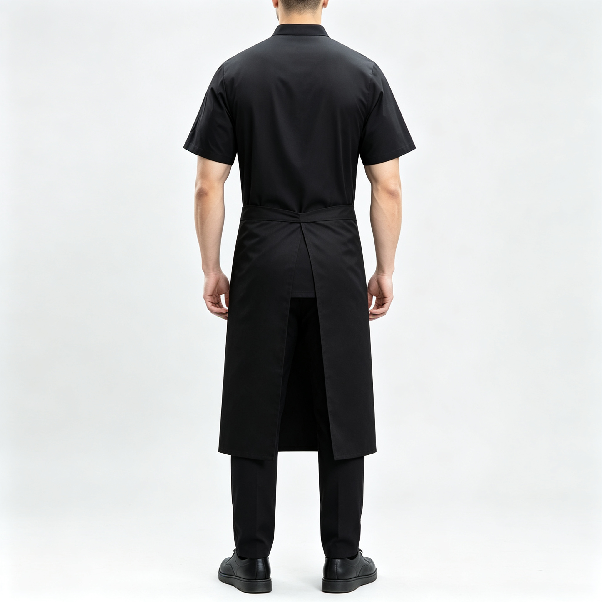 This men’s white short-sleeve chef uniform set includes a clean front chef jacket and a matching white apron, designed for hotels, restaurants, bakeries, catering services and professional kitchen staff. It is made of lightweight cotton fabric, offering a neat, comfortable and fresh appearance for daily kitchen and food service environments. The chef jacket features a stand collar, slanted front placket with beige trim, round light-colored buttons, left chest pocket and right sleeve pocket for practical storage. The matching white apron provides extra coverage and helps keep the uniform clean during food preparation, plating and customer service._8
