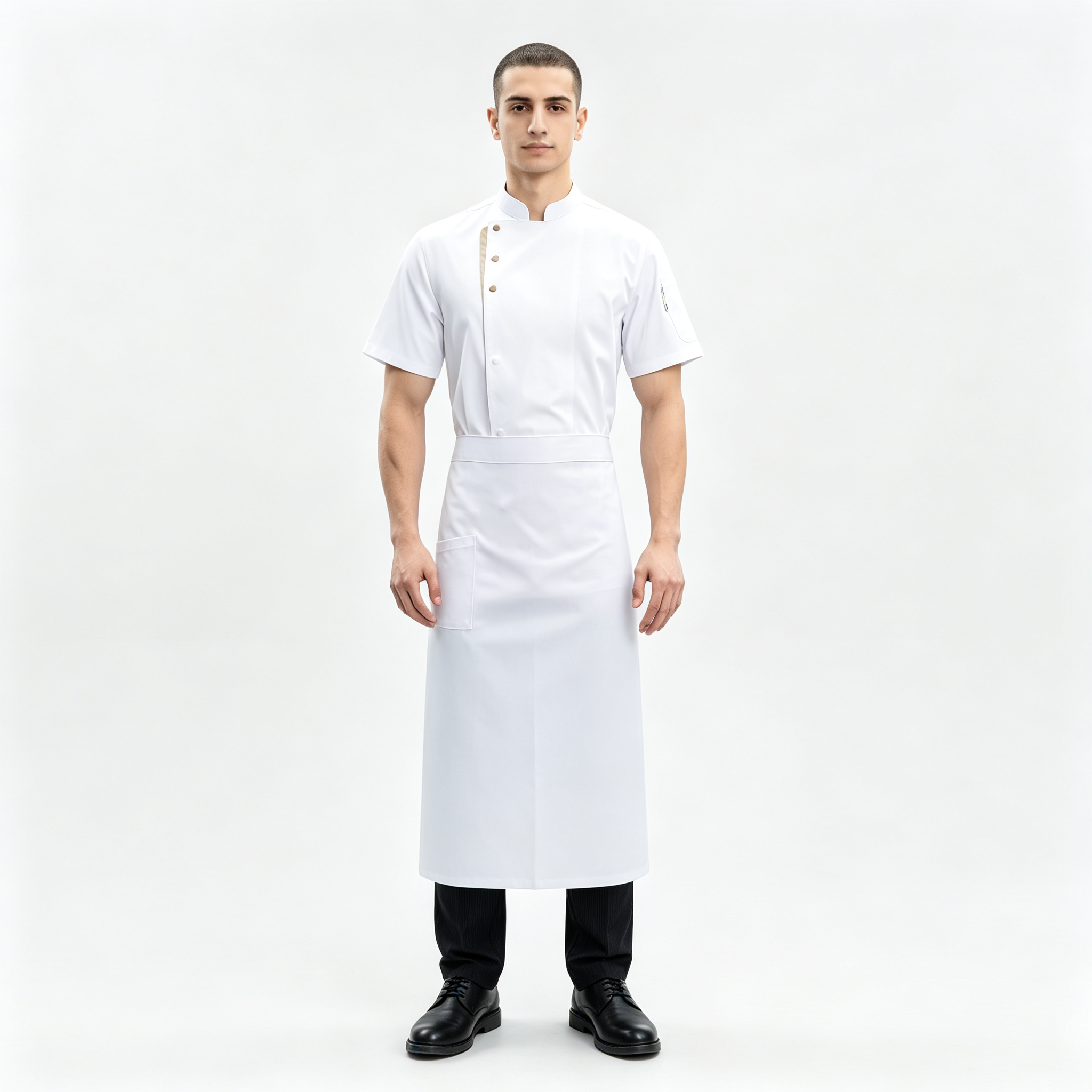 This men’s white short-sleeve chef uniform set includes a clean front chef jacket and a matching white apron, designed for hotels, restaurants, bakeries, catering services and professional kitchen staff. It is made of lightweight cotton fabric, offering a neat, comfortable and fresh appearance for daily kitchen and food service environments. The chef jacket features a stand collar, slanted front placket with beige trim, round light-colored buttons, left chest pocket and right sleeve pocket for practical storage. The matching white apron provides extra coverage and helps keep the uniform clean during food preparation, plating and customer service._3