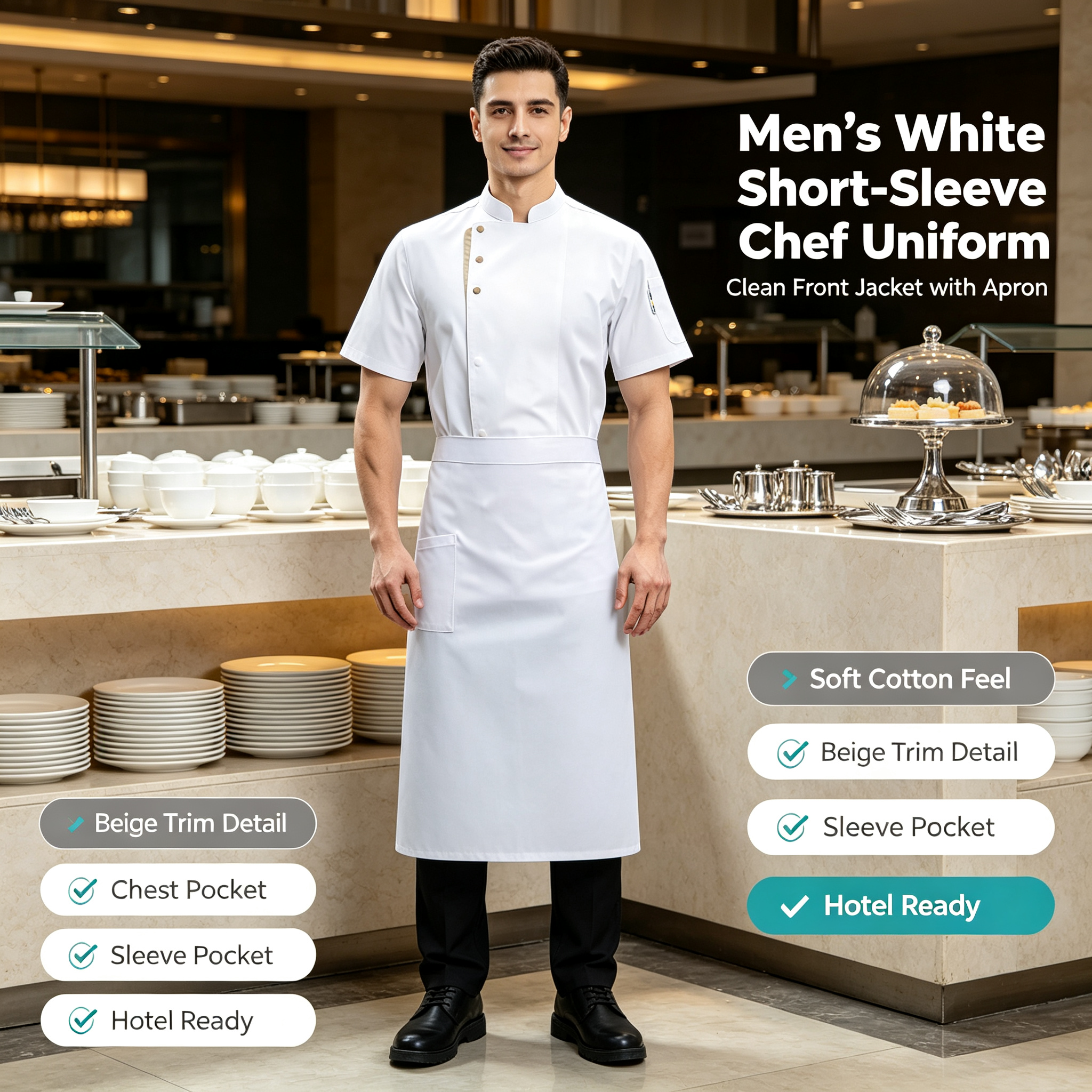 This men’s white short-sleeve chef uniform set includes a clean front chef jacket and a matching white apron, designed for hotels, restaurants, bakeries, catering services and professional kitchen staff. It is made of lightweight cotton fabric, offering a neat, comfortable and fresh appearance for daily kitchen and food service environments. The chef jacket features a stand collar, slanted front placket with beige trim, round light-colored buttons, left chest pocket and right sleeve pocket for practical storage. The matching white apron provides extra coverage and helps keep the uniform clean during food preparation, plating and customer service._2