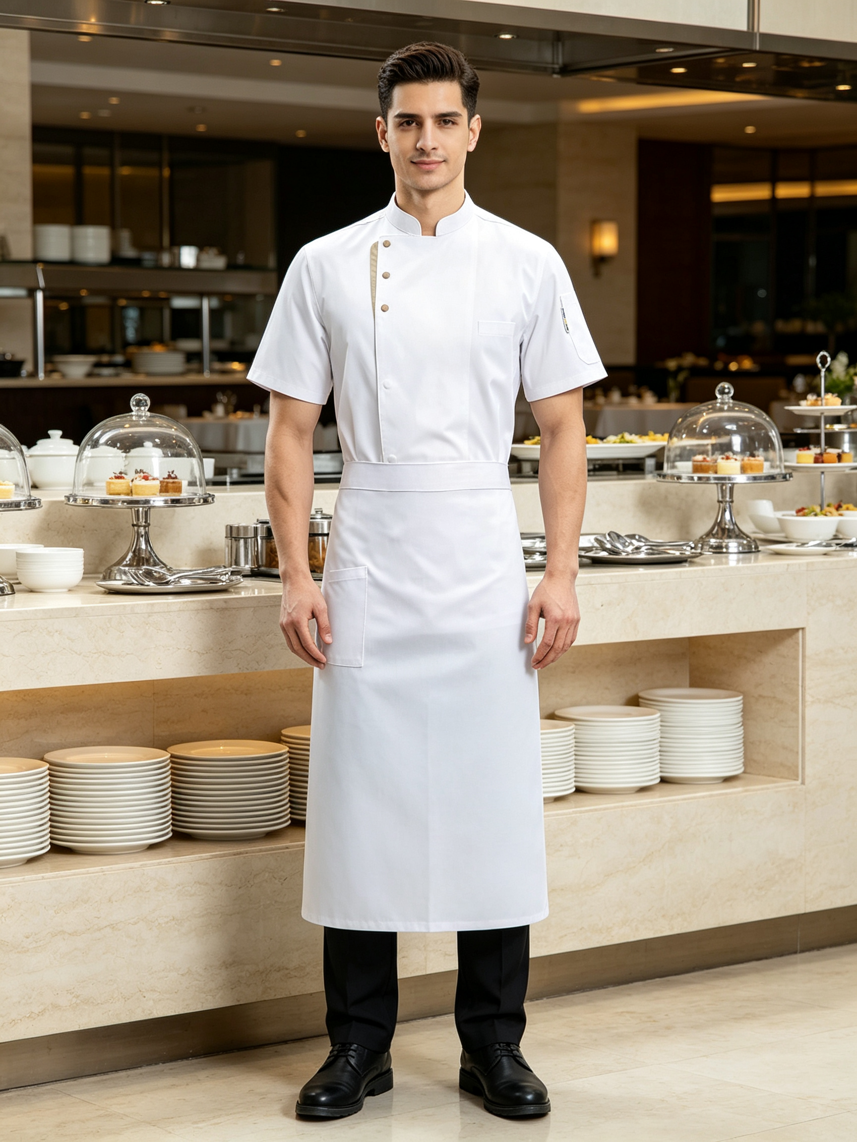 This men’s white short-sleeve chef uniform set includes a clean front chef jacket and a matching white apron, designed for hotels, restaurants, bakeries, catering services and professional kitchen staff. It is made of lightweight cotton fabric, offering a neat, comfortable and fresh appearance for daily kitchen and food service environments. The chef jacket features a stand collar, slanted front placket with beige trim, round light-colored buttons, left chest pocket and right sleeve pocket for practical storage. The matching white apron provides extra coverage and helps keep the uniform clean during food preparation, plating and customer service._10