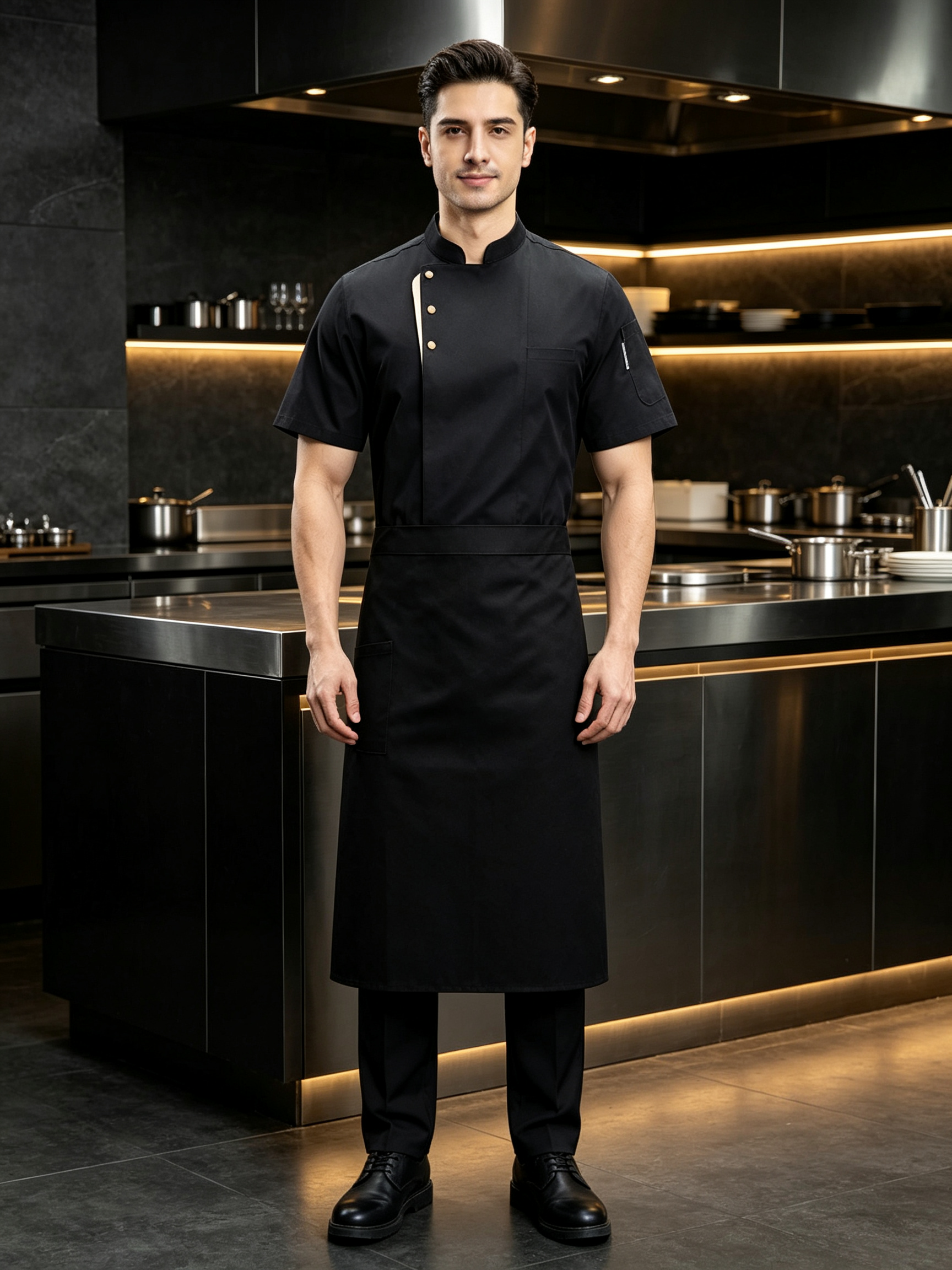 This men’s white short-sleeve chef uniform set includes a clean front chef jacket and a matching white apron, designed for hotels, restaurants, bakeries, catering services and professional kitchen staff. It is made of lightweight cotton fabric, offering a neat, comfortable and fresh appearance for daily kitchen and food service environments. The chef jacket features a stand collar, slanted front placket with beige trim, round light-colored buttons, left chest pocket and right sleeve pocket for practical storage. The matching white apron provides extra coverage and helps keep the uniform clean during food preparation, plating and customer service._6