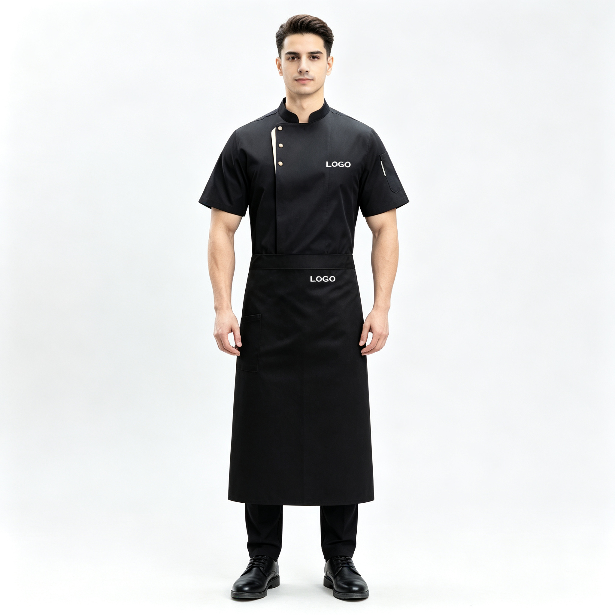 This men’s white short-sleeve chef uniform set includes a clean front chef jacket and a matching white apron, designed for hotels, restaurants, bakeries, catering services and professional kitchen staff. It is made of lightweight cotton fabric, offering a neat, comfortable and fresh appearance for daily kitchen and food service environments. The chef jacket features a stand collar, slanted front placket with beige trim, round light-colored buttons, left chest pocket and right sleeve pocket for practical storage. The matching white apron provides extra coverage and helps keep the uniform clean during food preparation, plating and customer service._9