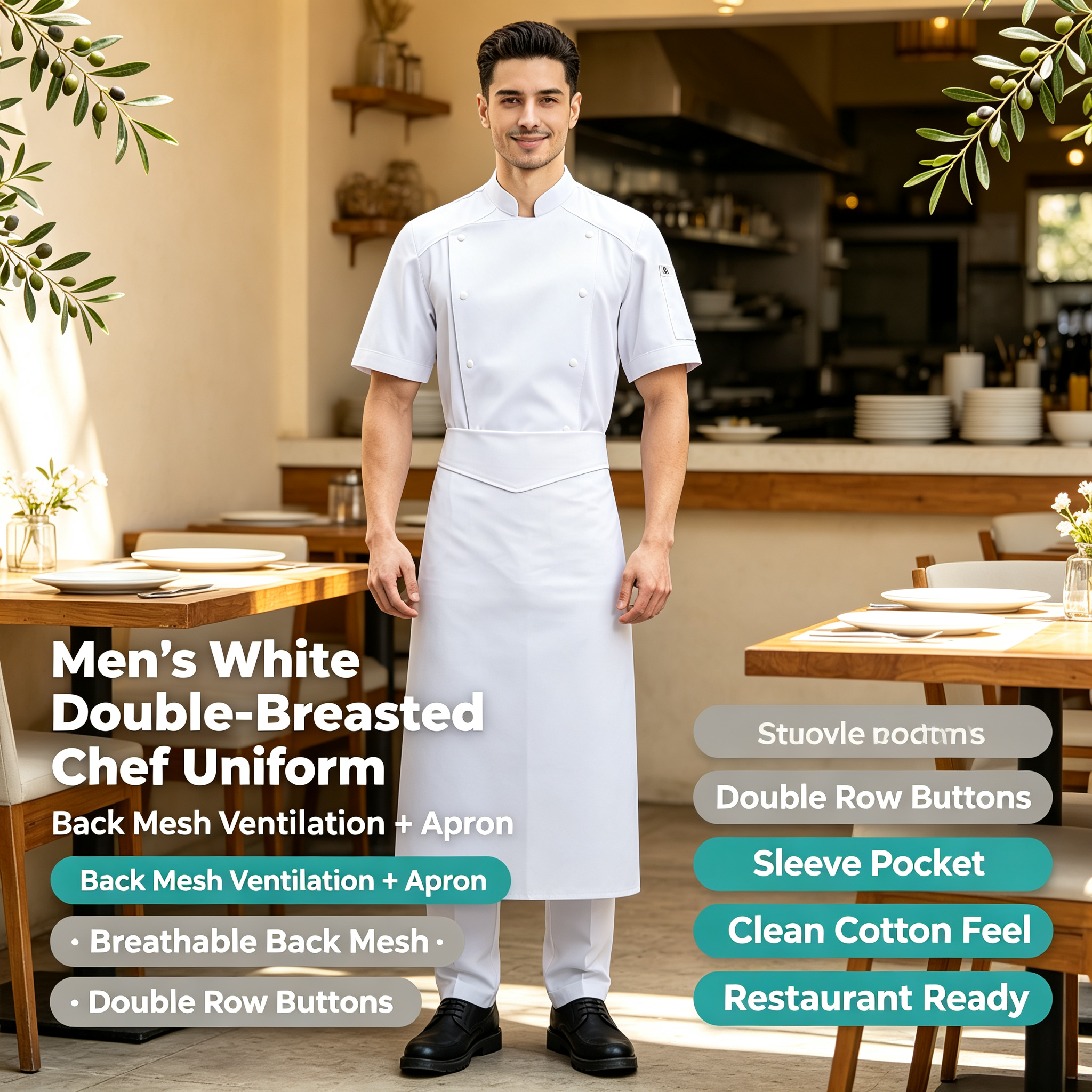 This men’s white double-breasted chef uniform set includes a back mesh ventilation chef jacket and a matching white apron, designed for hotels, restaurants, catering services and professional kitchen staff. It is made of lightweight cotton fabric, offering a clean, comfortable and professional appearance for daily kitchen operations. The chef jacket features a stand collar, double-breasted button closure, back mesh ventilation panel for improved airflow, right sleeve pocket and small chest logo placement area. The matching white apron provides extra coverage and helps maintain a neat look during food preparation, cooking and plating._2