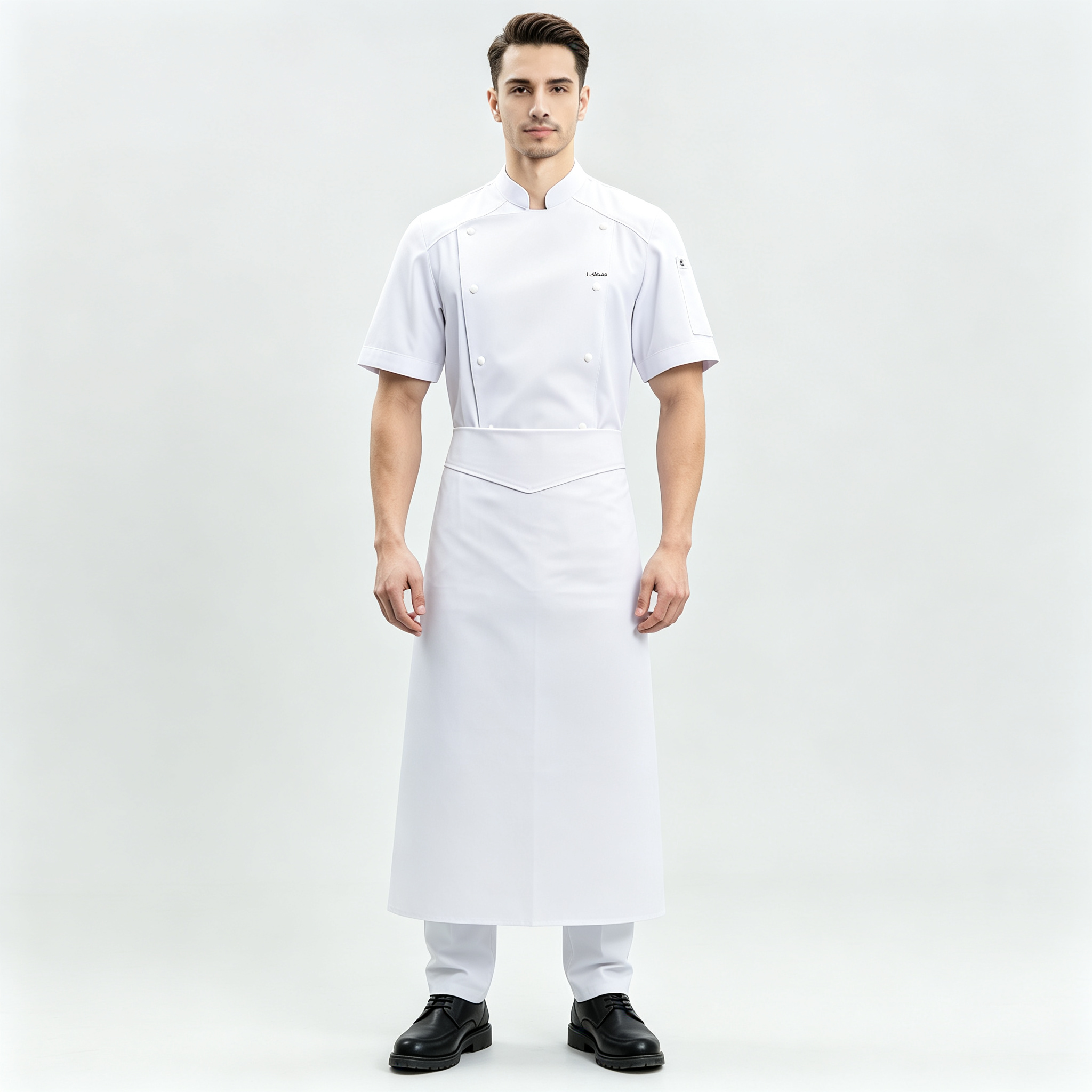 This men’s white double-breasted chef uniform set includes a back mesh ventilation chef jacket and a matching white apron, designed for hotels, restaurants, catering services and professional kitchen staff. It is made of lightweight cotton fabric, offering a clean, comfortable and professional appearance for daily kitchen operations. The chef jacket features a stand collar, double-breasted button closure, back mesh ventilation panel for improved airflow, right sleeve pocket and small chest logo placement area. The matching white apron provides extra coverage and helps maintain a neat look during food preparation, cooking and plating._3
