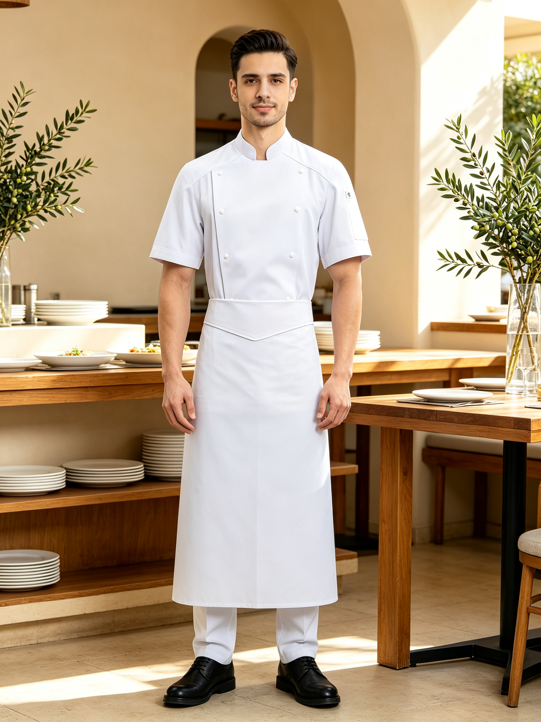 This men’s white double-breasted chef uniform set includes a back mesh ventilation chef jacket and a matching white apron, designed for hotels, restaurants, catering services and professional kitchen staff. It is made of lightweight cotton fabric, offering a clean, comfortable and professional appearance for daily kitchen operations. The chef jacket features a stand collar, double-breasted button closure, back mesh ventilation panel for improved airflow, right sleeve pocket and small chest logo placement area. The matching white apron provides extra coverage and helps maintain a neat look during food preparation, cooking and plating._4