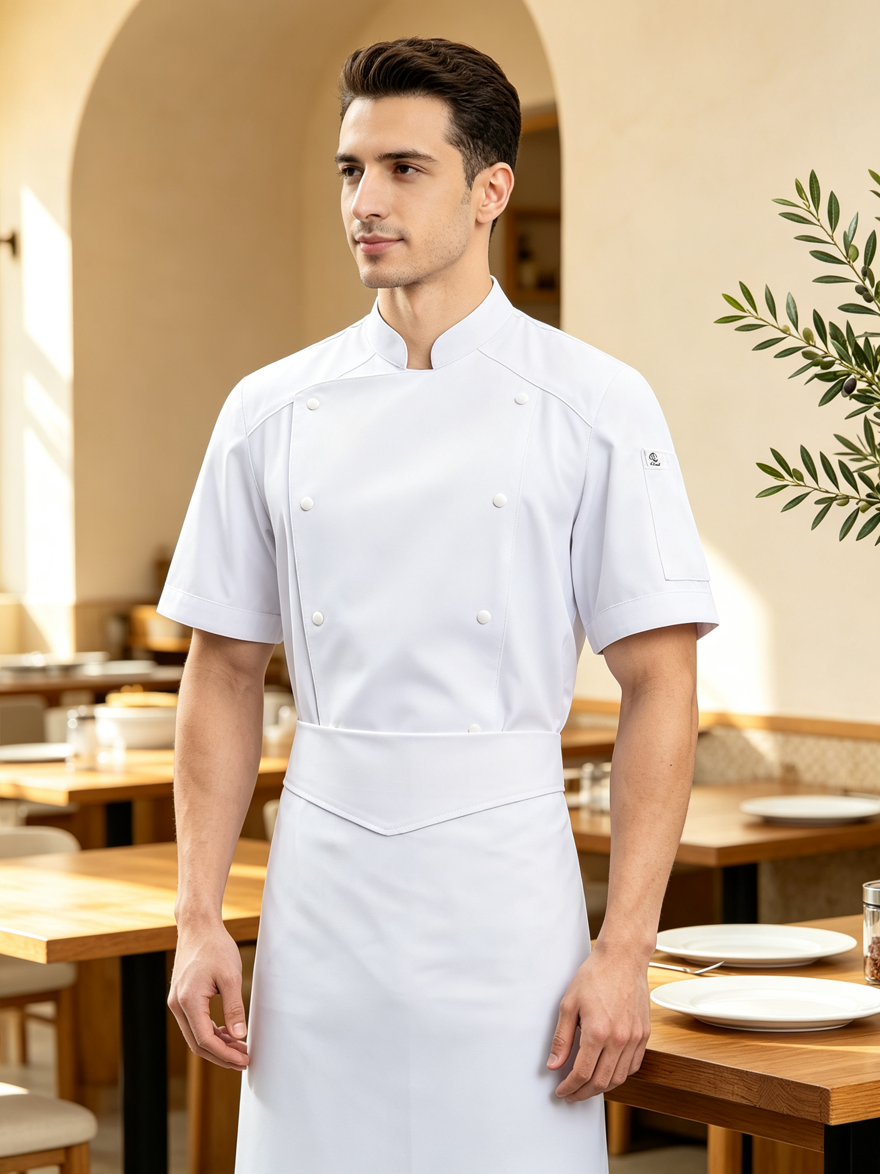 This men’s white double-breasted chef uniform set includes a back mesh ventilation chef jacket and a matching white apron, designed for hotels, restaurants, catering services and professional kitchen staff. It is made of lightweight cotton fabric, offering a clean, comfortable and professional appearance for daily kitchen operations. The chef jacket features a stand collar, double-breasted button closure, back mesh ventilation panel for improved airflow, right sleeve pocket and small chest logo placement area. The matching white apron provides extra coverage and helps maintain a neat look during food preparation, cooking and plating._5