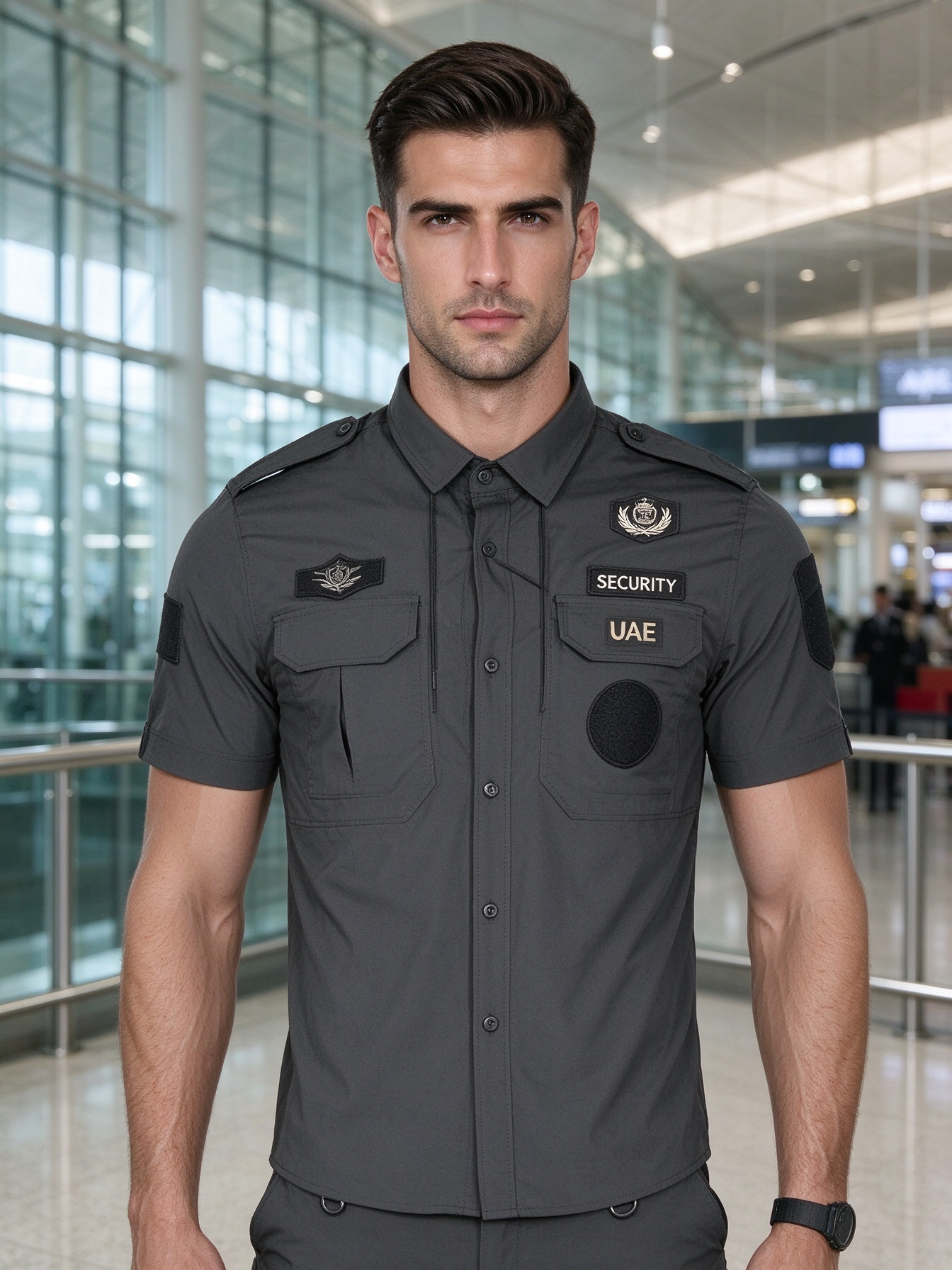 Men’s Black Long Sleeve Security Uniform Set with Stand Collar, Multi-Pocket Chest, UAE Style Badges and Work Pants – Professional Security Wear for UAE Hospitals, Malls, Offices and Events_5