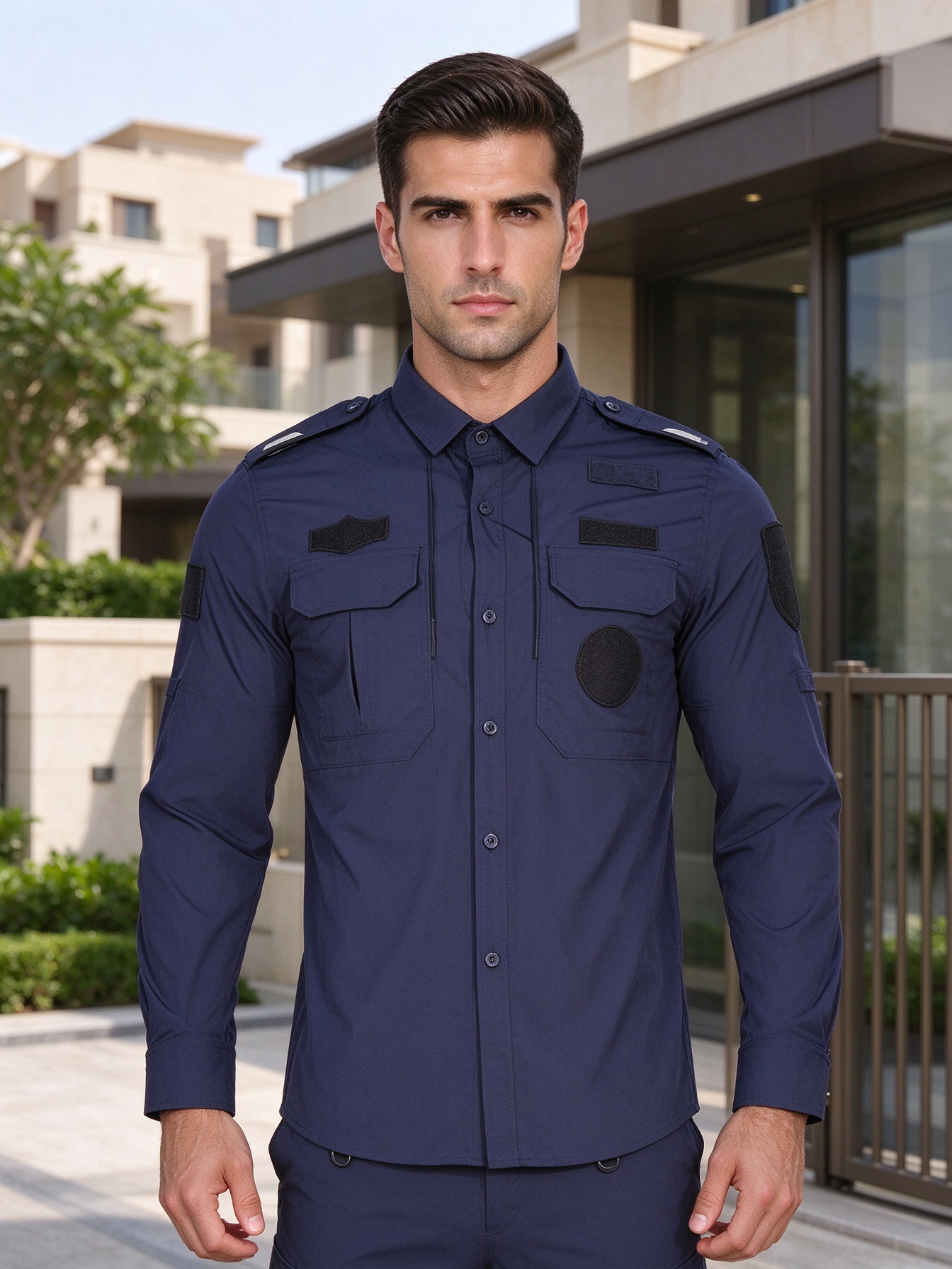 Men’s Black Long Sleeve Security Uniform Set with Stand Collar, Multi-Pocket Chest, UAE Style Badges and Work Pants – Professional Security Wear for UAE Hospitals, Malls, Offices and Events_8