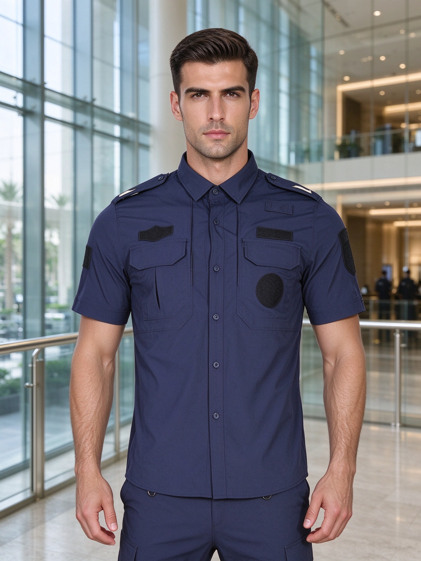 Men’s Black Long Sleeve Security Uniform Set with Stand Collar, Multi-Pocket Chest, UAE Style Badges and Work Pants – Professional Security Wear for UAE Hospitals, Malls, Offices and Events_13
