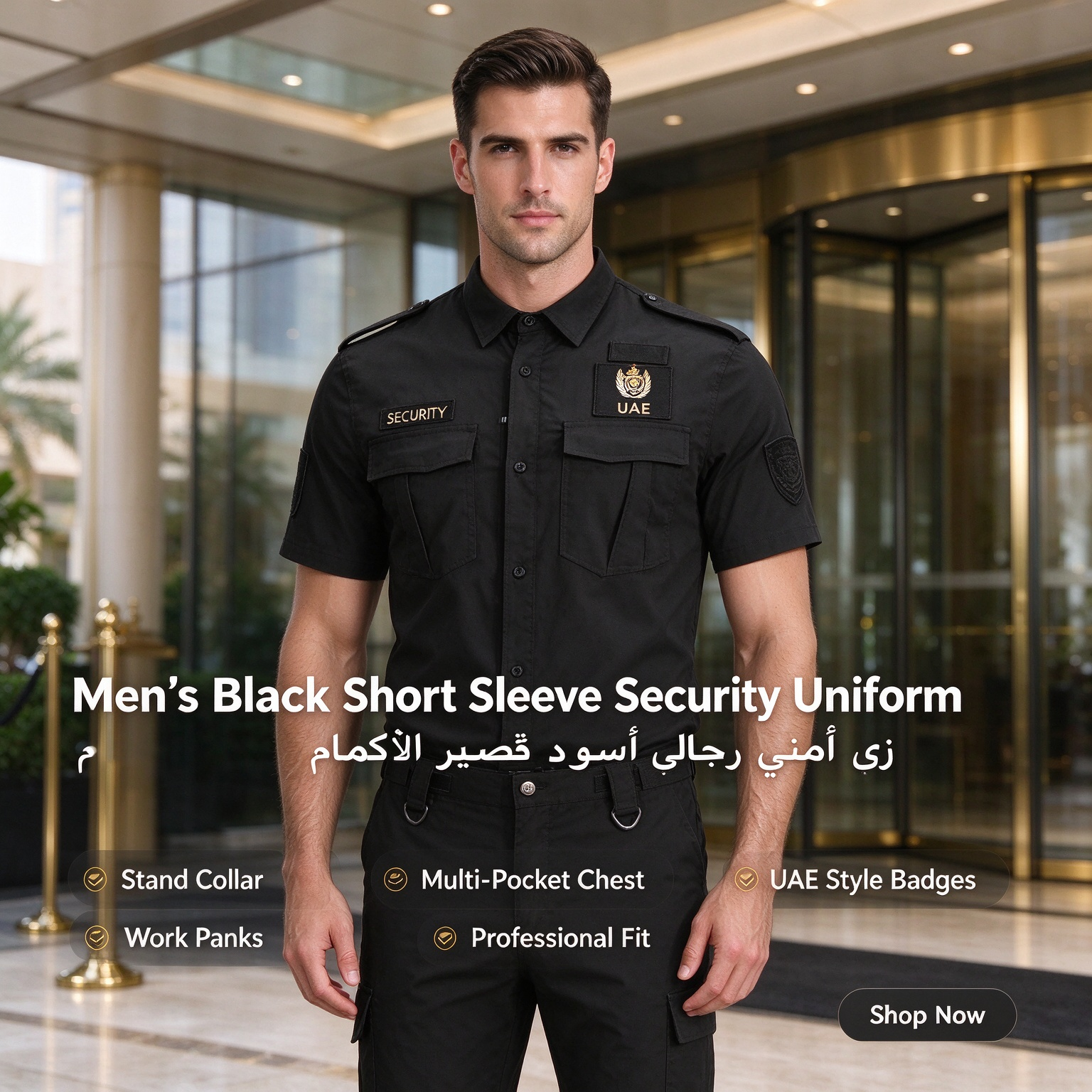 Men’s Black Long Sleeve Security Uniform Set with Stand Collar, Multi-Pocket Chest, UAE Style Badges and Work Pants – Professional Security Wear for UAE Hospitals, Malls, Offices and Events_2