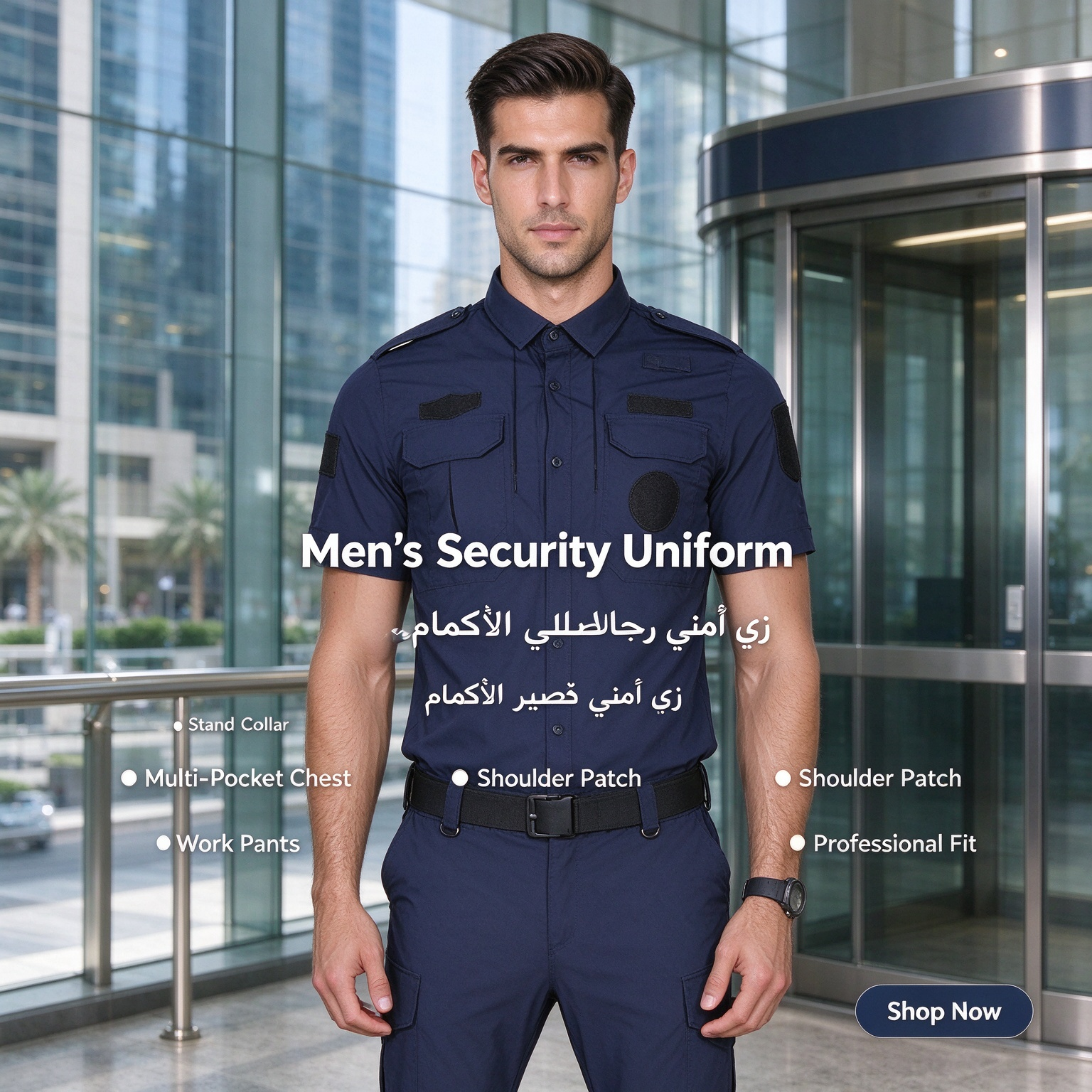 Men’s Black Long Sleeve Security Uniform Set with Stand Collar, Multi-Pocket Chest, UAE Style Badges and Work Pants – Professional Security Wear for UAE Hospitals, Malls, Offices and Events_11