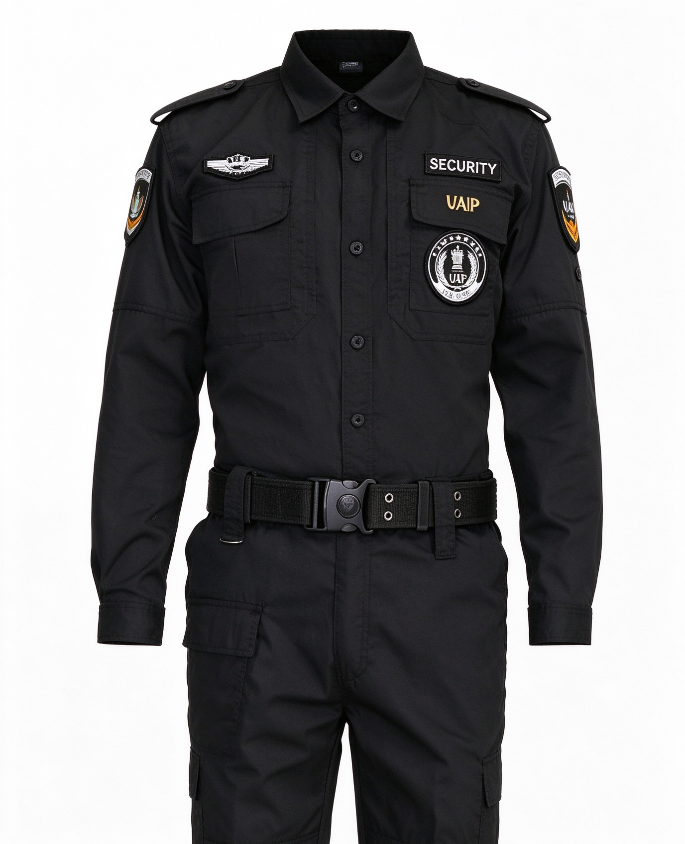 Men’s Black Long Sleeve Security Uniform Set with Stand Collar, Multi-Pocket Chest, UAE Style Badges, Tactical Belt and Work Pants – Professional Security Wear for UAE Malls, Offices, Hospitals, Hotels and Events_8