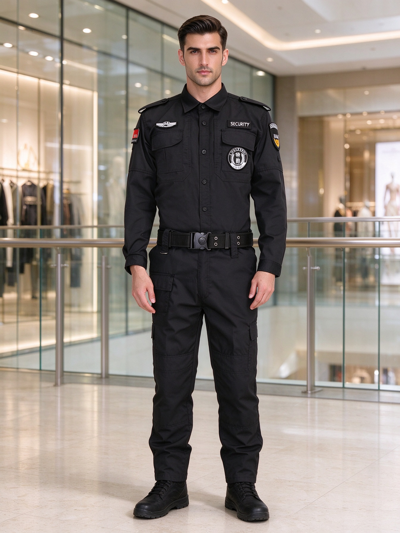 Men’s Black Long Sleeve Security Uniform Set with Stand Collar, Multi-Pocket Chest, UAE Style Badges, Tactical Belt and Work Pants – Professional Security Wear for UAE Malls, Offices, Hospitals, Hotels and Events_5