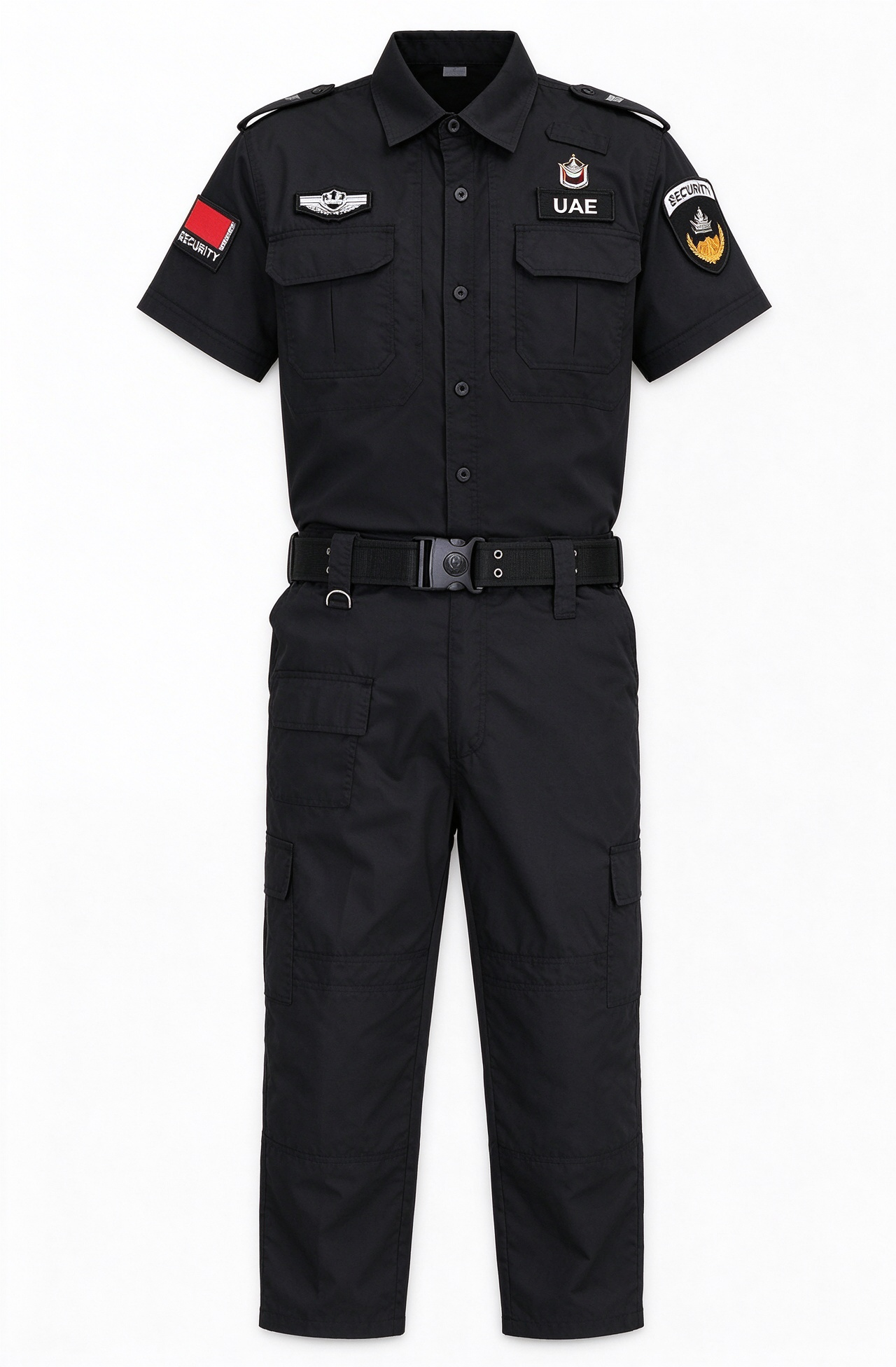 Men’s Black Long Sleeve Security Uniform Set with Stand Collar, Multi-Pocket Chest, UAE Style Badges, Tactical Belt and Work Pants – Professional Security Wear for UAE Malls, Offices, Hospitals, Hotels and Events_9