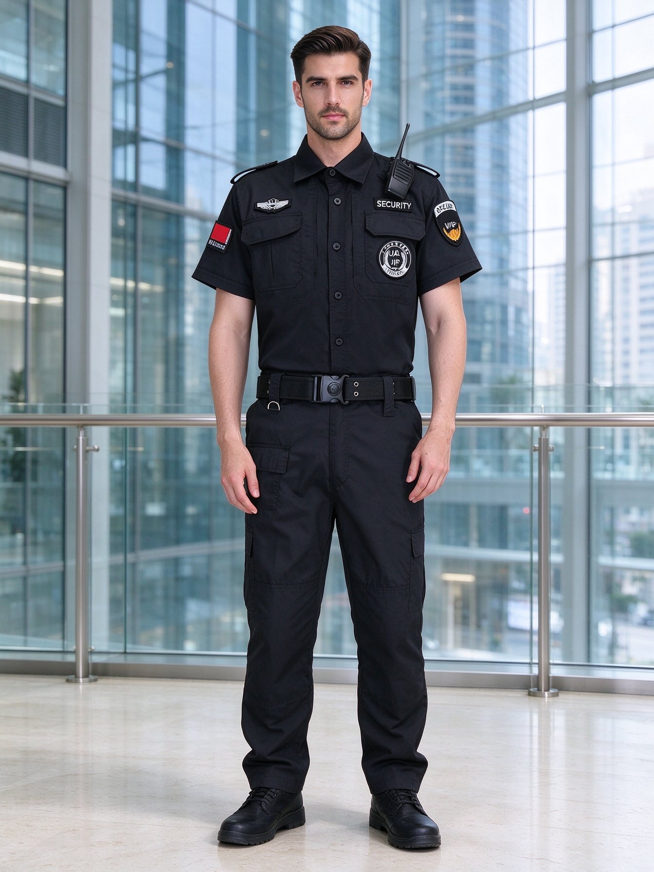 Men’s Black Long Sleeve Security Uniform Set with Stand Collar, Multi-Pocket Chest, UAE Style Badges, Tactical Belt and Work Pants – Professional Security Wear for UAE Malls, Offices, Hospitals, Hotels and Events_10