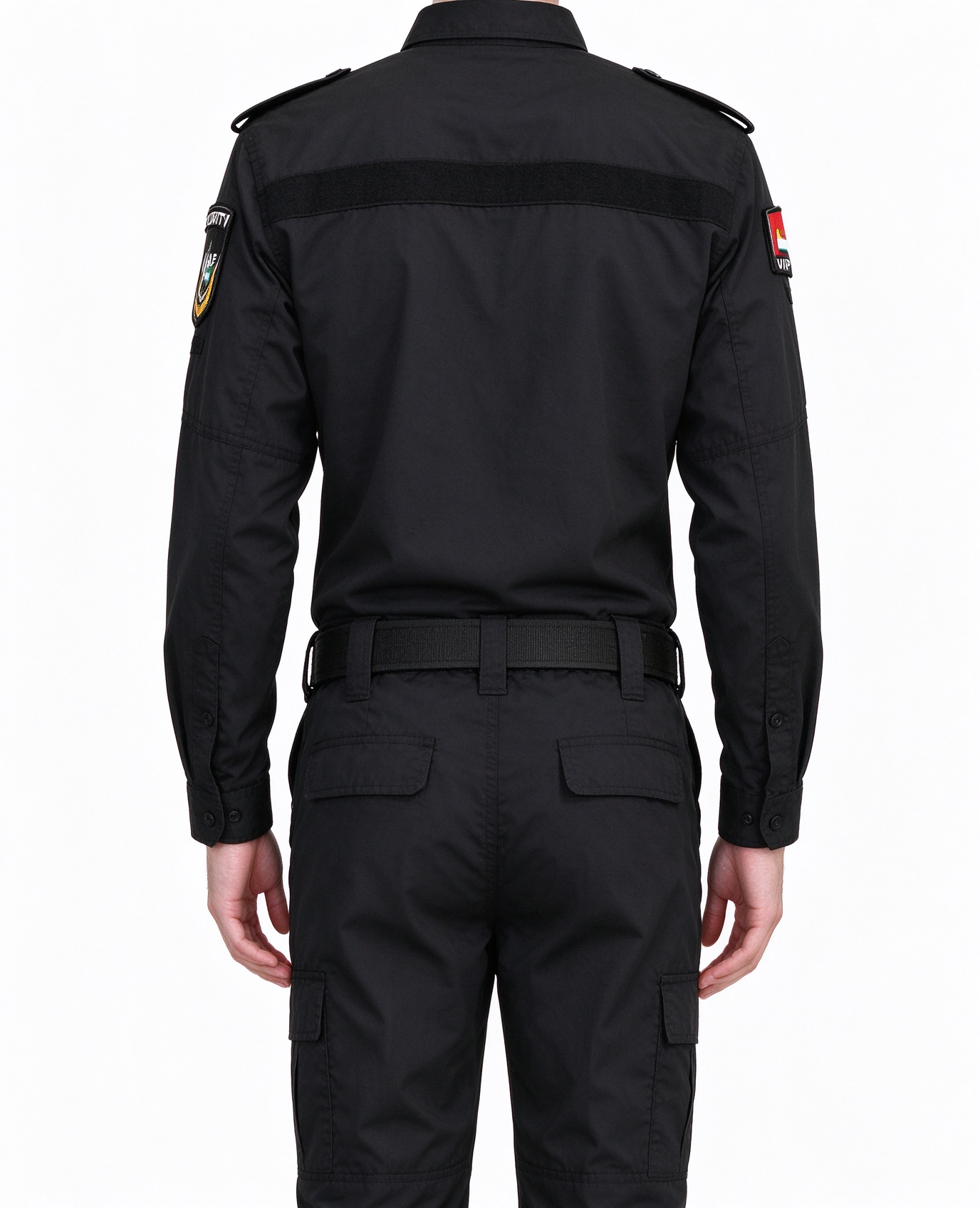 Men’s Black Long Sleeve Security Uniform Set with Stand Collar, Multi-Pocket Chest, UAE Style Badges, Tactical Belt and Work Pants – Professional Security Wear for UAE Malls, Offices, Hospitals, Hotels and Events_7