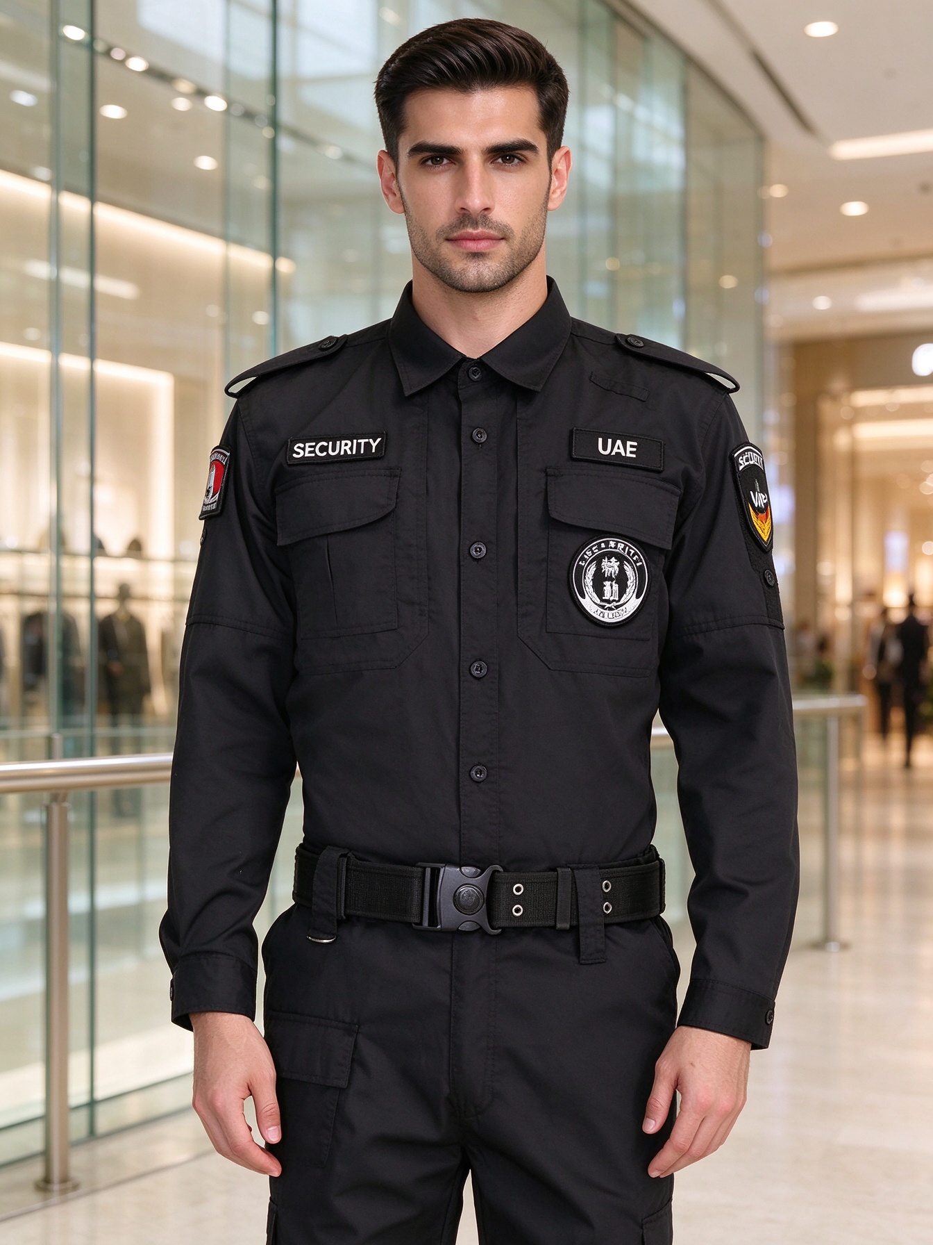 Men’s Black Long Sleeve Security Uniform Set with Stand Collar, Multi-Pocket Chest, UAE Style Badges, Tactical Belt and Work Pants – Professional Security Wear for UAE Malls, Offices, Hospitals, Hotels and Events_6