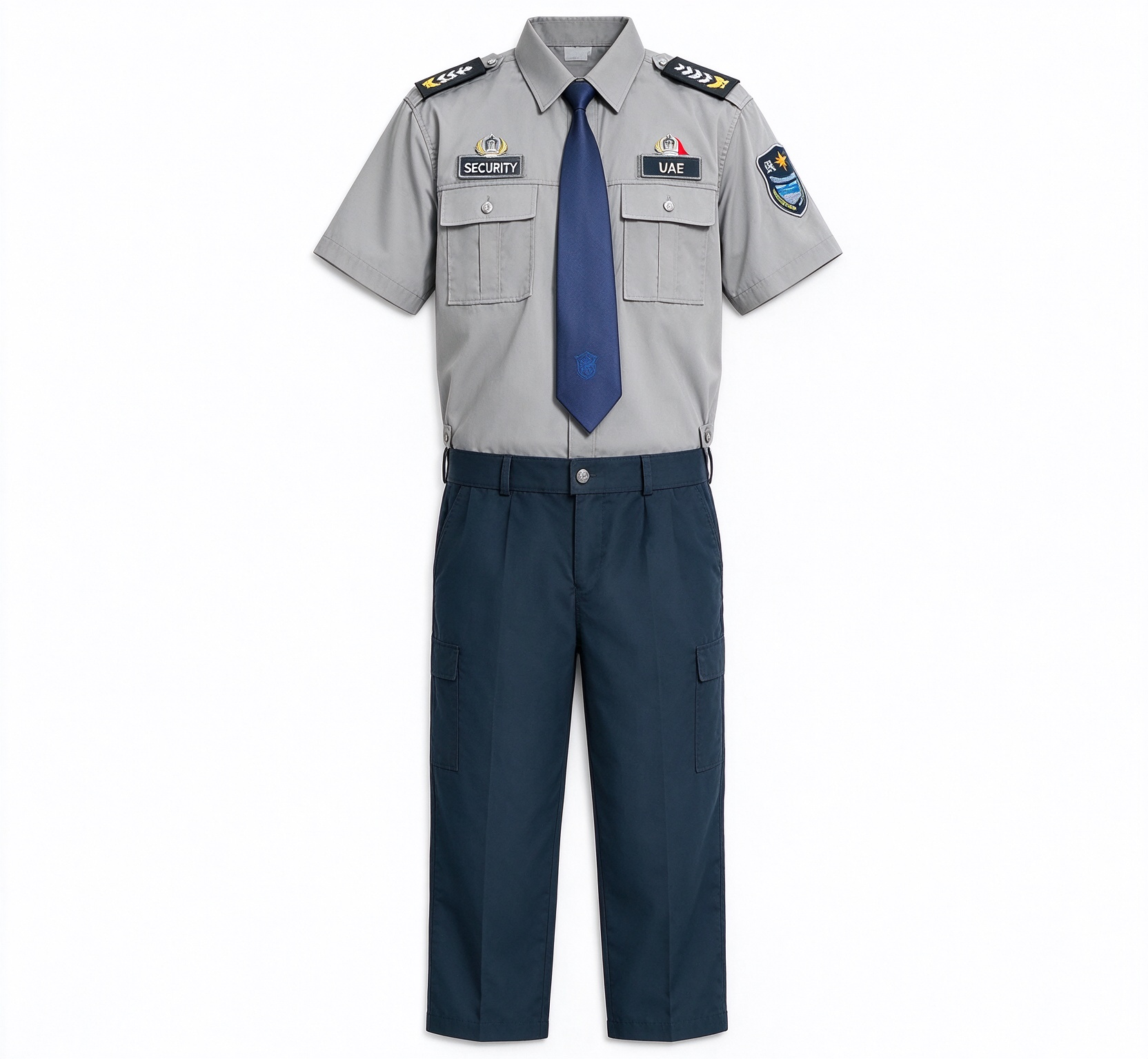 A professional unisex security uniform for men and women, this light blue long sleeve set includes a stand collar shirt, dark blue tie, button placket, multi-pocket chest design, shoulder epaulets, arm patches, UAE style chest badges, black belt and matching dark work trousers. The clean light blue color, coordinated tie detail and functional pockets make it suitable for security officers, community security, office security, mall security, hospital security, event security and daily patrol duties in the UAE._11