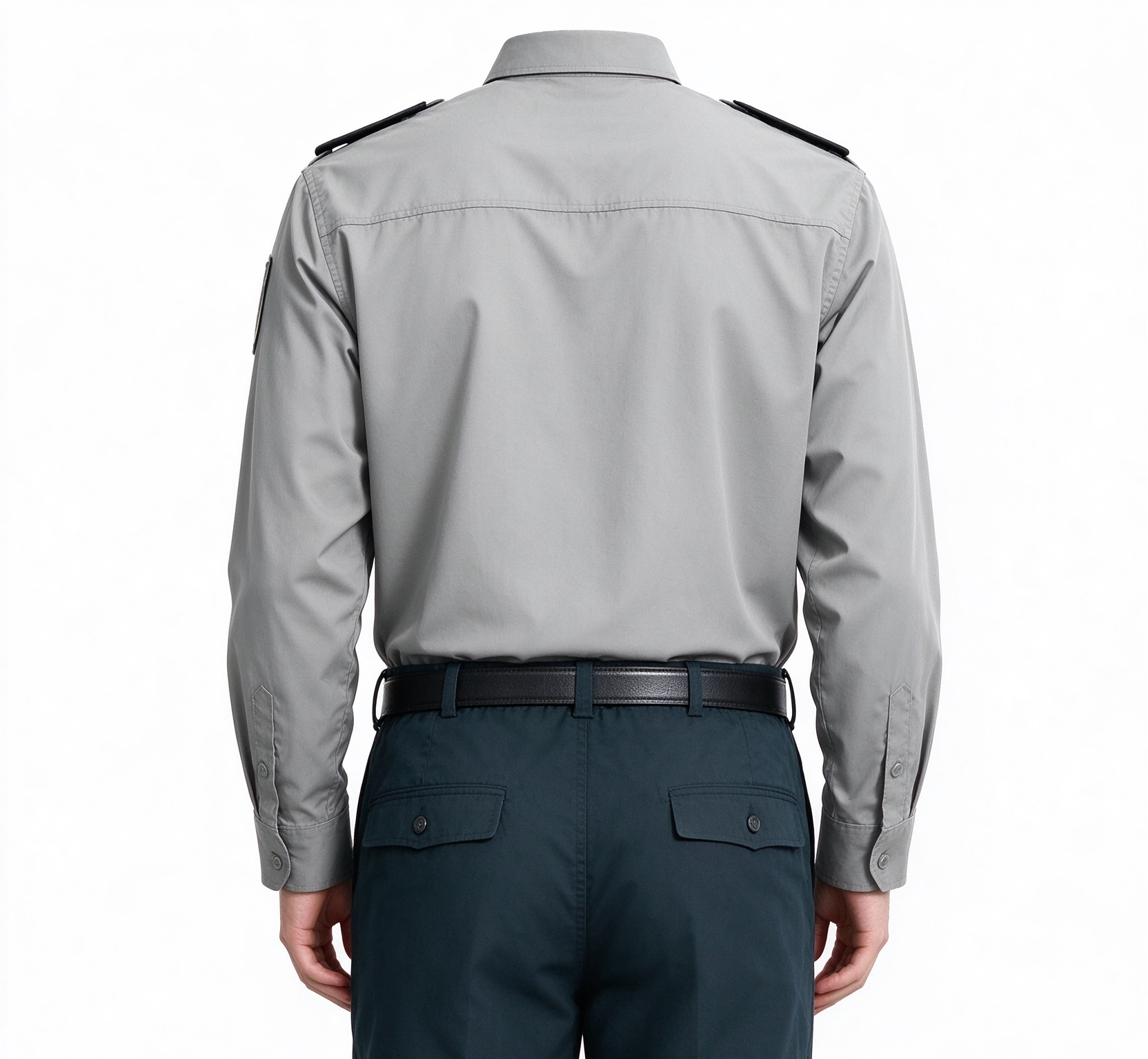 A professional unisex security uniform for men and women, this light blue long sleeve set includes a stand collar shirt, dark blue tie, button placket, multi-pocket chest design, shoulder epaulets, arm patches, UAE style chest badges, black belt and matching dark work trousers. The clean light blue color, coordinated tie detail and functional pockets make it suitable for security officers, community security, office security, mall security, hospital security, event security and daily patrol duties in the UAE._8