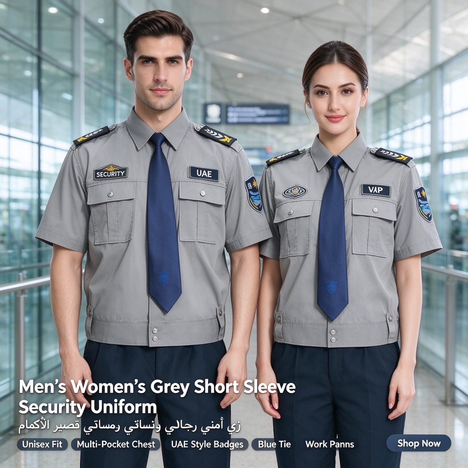 A professional unisex security uniform for men and women, this light blue long sleeve set includes a stand collar shirt, dark blue tie, button placket, multi-pocket chest design, shoulder epaulets, arm patches, UAE style chest badges, black belt and matching dark work trousers. The clean light blue color, coordinated tie detail and functional pockets make it suitable for security officers, community security, office security, mall security, hospital security, event security and daily patrol duties in the UAE._10