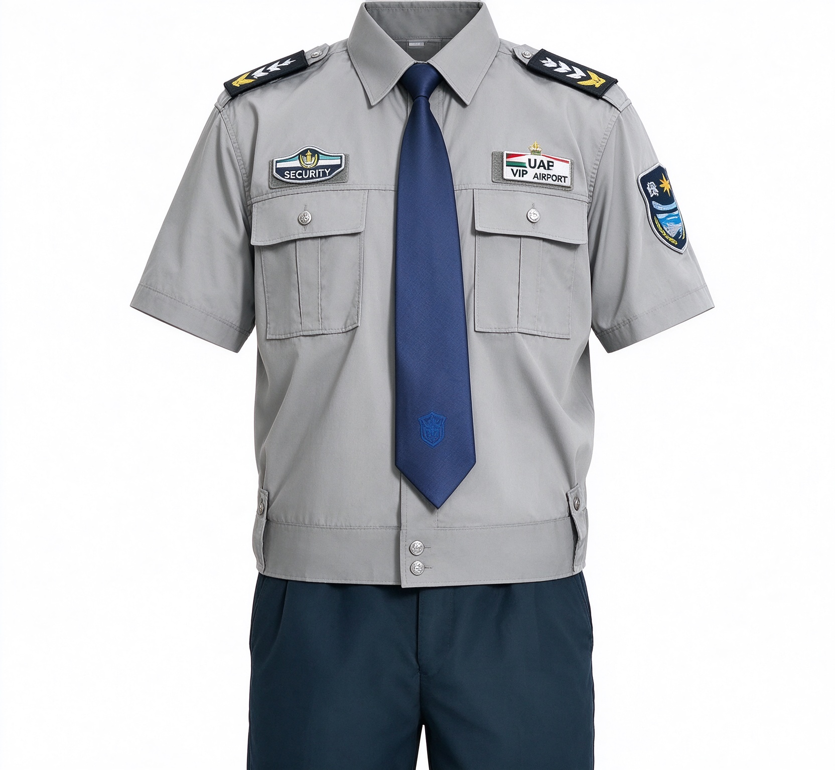 A professional unisex security uniform for men and women, this light blue long sleeve set includes a stand collar shirt, dark blue tie, button placket, multi-pocket chest design, shoulder epaulets, arm patches, UAE style chest badges, black belt and matching dark work trousers. The clean light blue color, coordinated tie detail and functional pockets make it suitable for security officers, community security, office security, mall security, hospital security, event security and daily patrol duties in the UAE._5