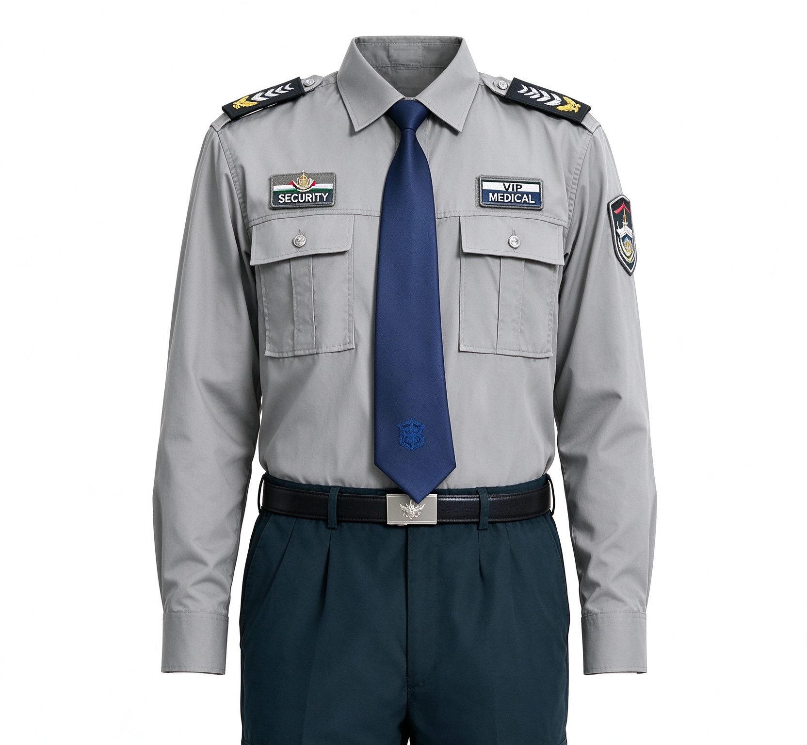 A professional unisex security uniform for men and women, this light blue long sleeve set includes a stand collar shirt, dark blue tie, button placket, multi-pocket chest design, shoulder epaulets, arm patches, UAE style chest badges, black belt and matching dark work trousers. The clean light blue color, coordinated tie detail and functional pockets make it suitable for security officers, community security, office security, mall security, hospital security, event security and daily patrol duties in the UAE._9