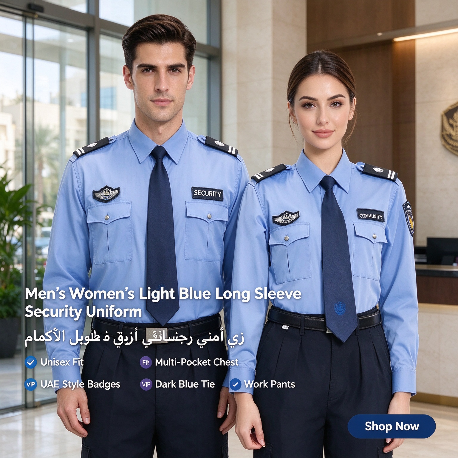 A professional unisex security uniform for men and women, this light blue long sleeve set includes a stand collar shirt, dark blue tie, button placket, multi-pocket chest design, shoulder epaulets, arm patches, UAE style chest badges, black belt and matching dark work trousers. The clean light blue color, coordinated tie detail and functional pockets make it suitable for security officers, community security, office security, mall security, hospital security, event security and daily patrol duties in the UAE._5
