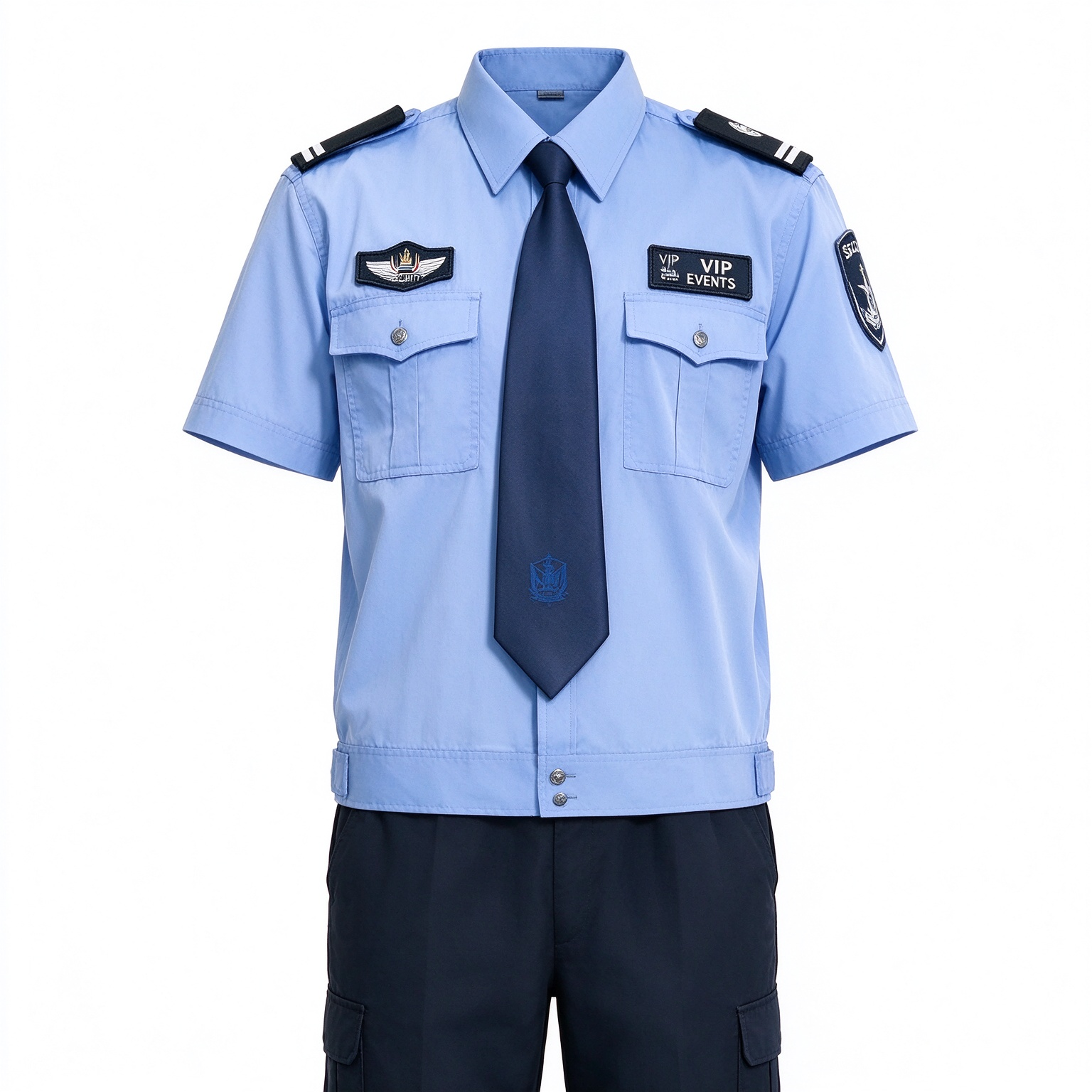 A professional unisex security uniform for men and women, this light blue long sleeve set includes a stand collar shirt, dark blue tie, button placket, multi-pocket chest design, shoulder epaulets, arm patches, UAE style chest badges, black belt and matching dark work trousers. The clean light blue color, coordinated tie detail and functional pockets make it suitable for security officers, community security, office security, mall security, hospital security, event security and daily patrol duties in the UAE._13