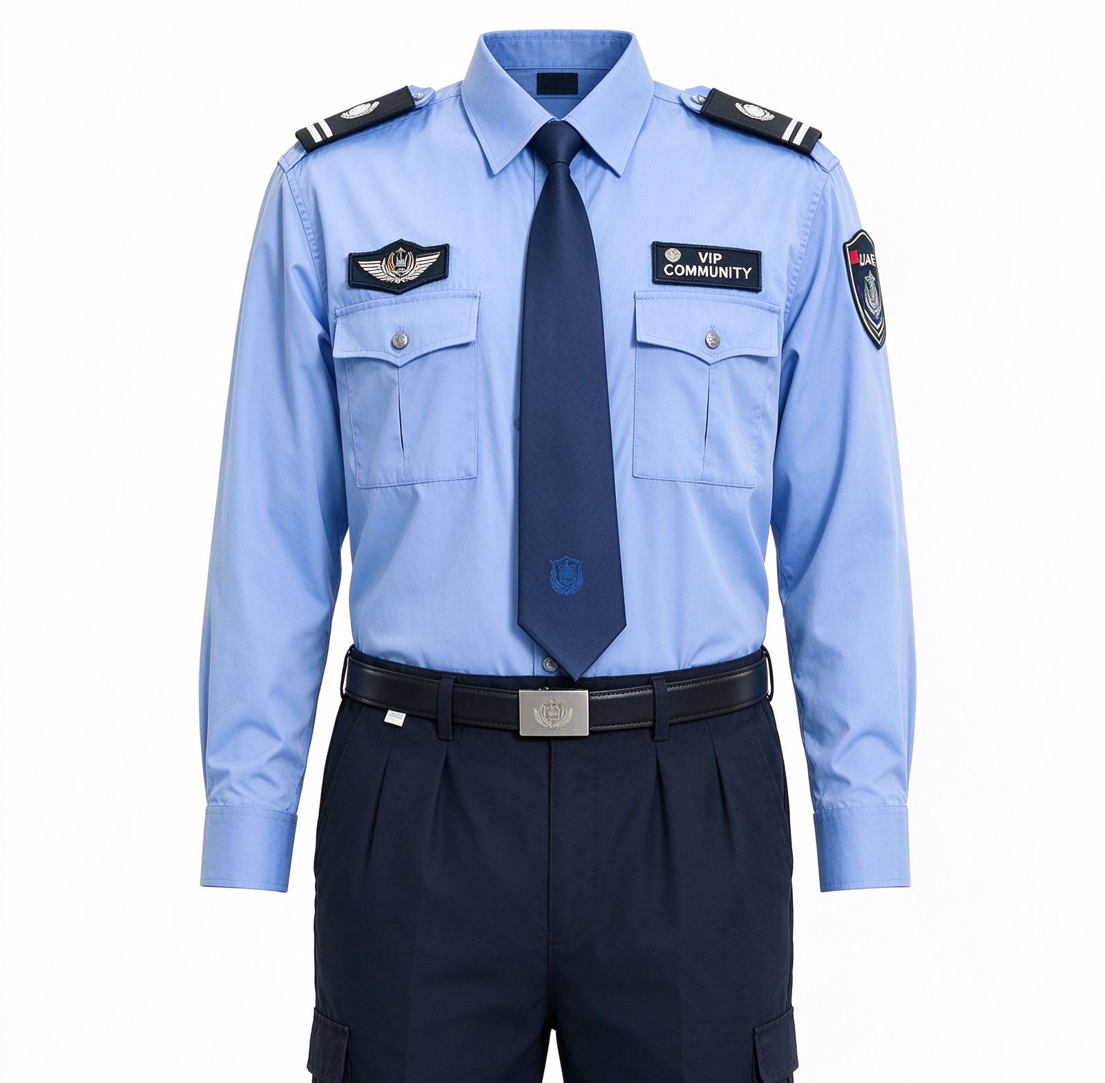 A professional unisex security uniform for men and women, this light blue long sleeve set includes a stand collar shirt, dark blue tie, button placket, multi-pocket chest design, shoulder epaulets, arm patches, UAE style chest badges, black belt and matching dark work trousers. The clean light blue color, coordinated tie detail and functional pockets make it suitable for security officers, community security, office security, mall security, hospital security, event security and daily patrol duties in the UAE._9