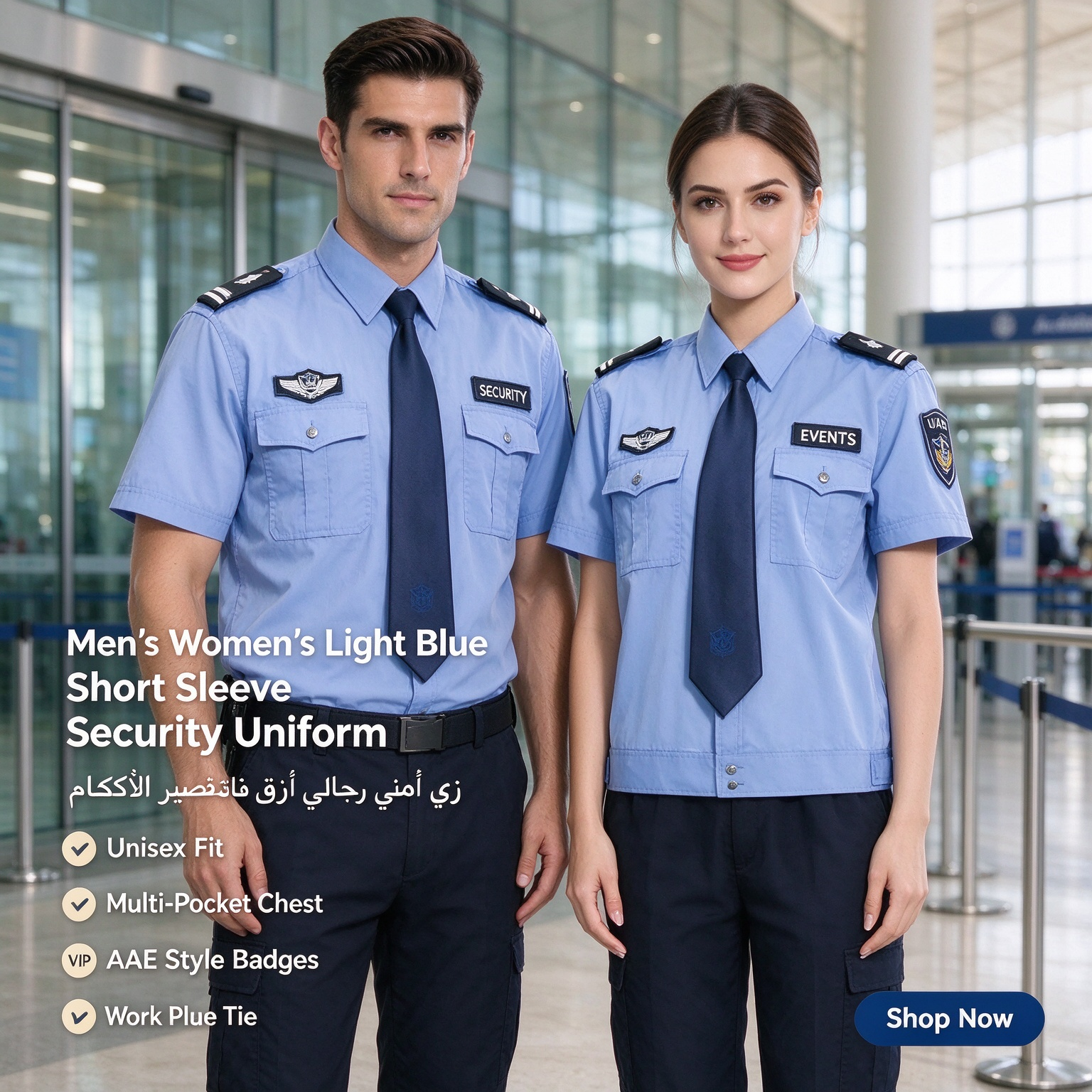 A professional unisex security uniform for men and women, this light blue long sleeve set includes a stand collar shirt, dark blue tie, button placket, multi-pocket chest design, shoulder epaulets, arm patches, UAE style chest badges, black belt and matching dark work trousers. The clean light blue color, coordinated tie detail and functional pockets make it suitable for security officers, community security, office security, mall security, hospital security, event security and daily patrol duties in the UAE._2
