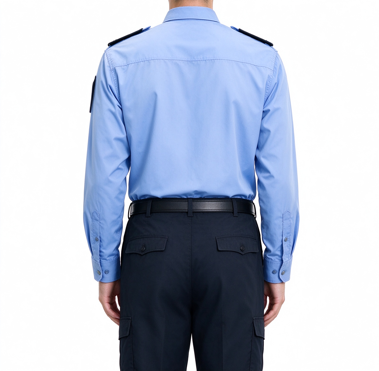 A professional unisex security uniform for men and women, this light blue long sleeve set includes a stand collar shirt, dark blue tie, button placket, multi-pocket chest design, shoulder epaulets, arm patches, UAE style chest badges, black belt and matching dark work trousers. The clean light blue color, coordinated tie detail and functional pockets make it suitable for security officers, community security, office security, mall security, hospital security, event security and daily patrol duties in the UAE._8