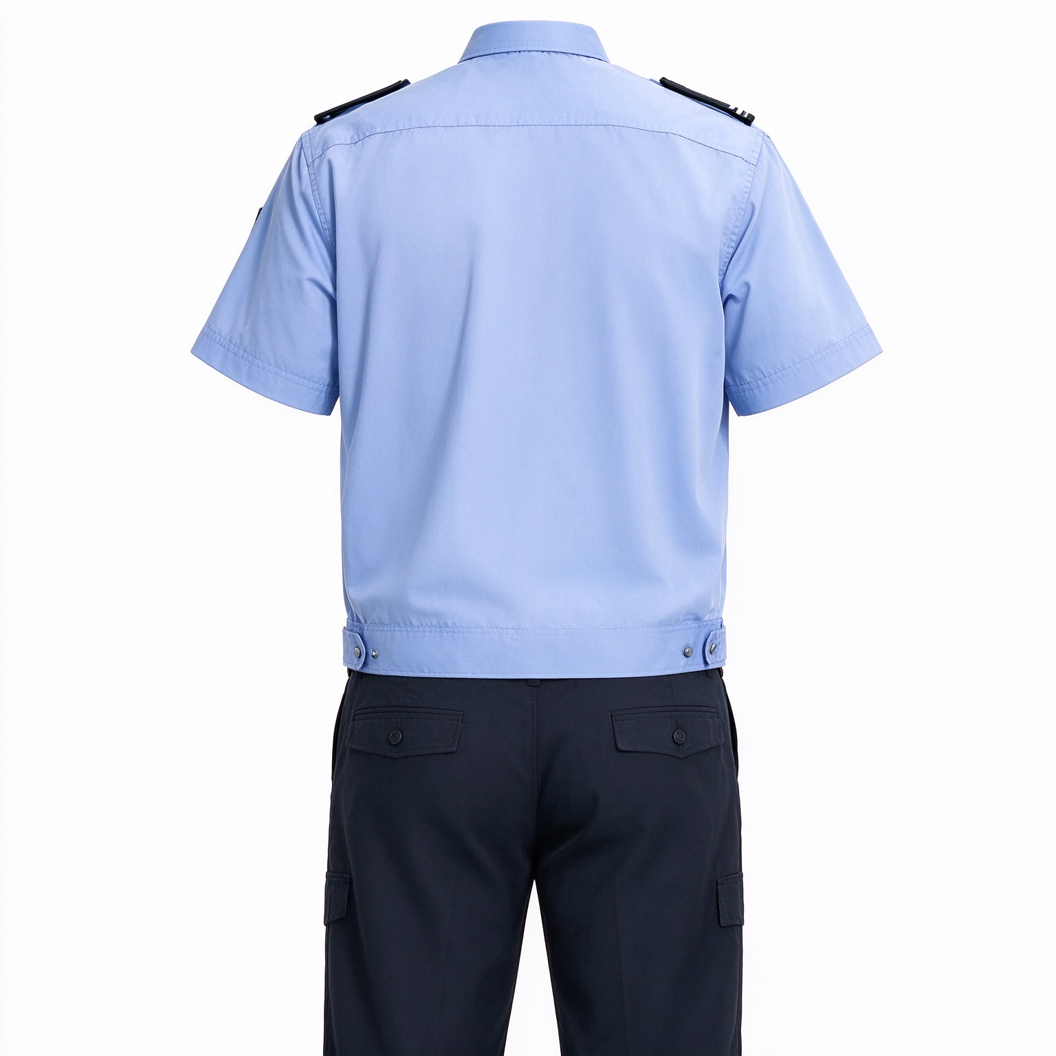 A professional unisex security uniform for men and women, this light blue long sleeve set includes a stand collar shirt, dark blue tie, button placket, multi-pocket chest design, shoulder epaulets, arm patches, UAE style chest badges, black belt and matching dark work trousers. The clean light blue color, coordinated tie detail and functional pockets make it suitable for security officers, community security, office security, mall security, hospital security, event security and daily patrol duties in the UAE._12